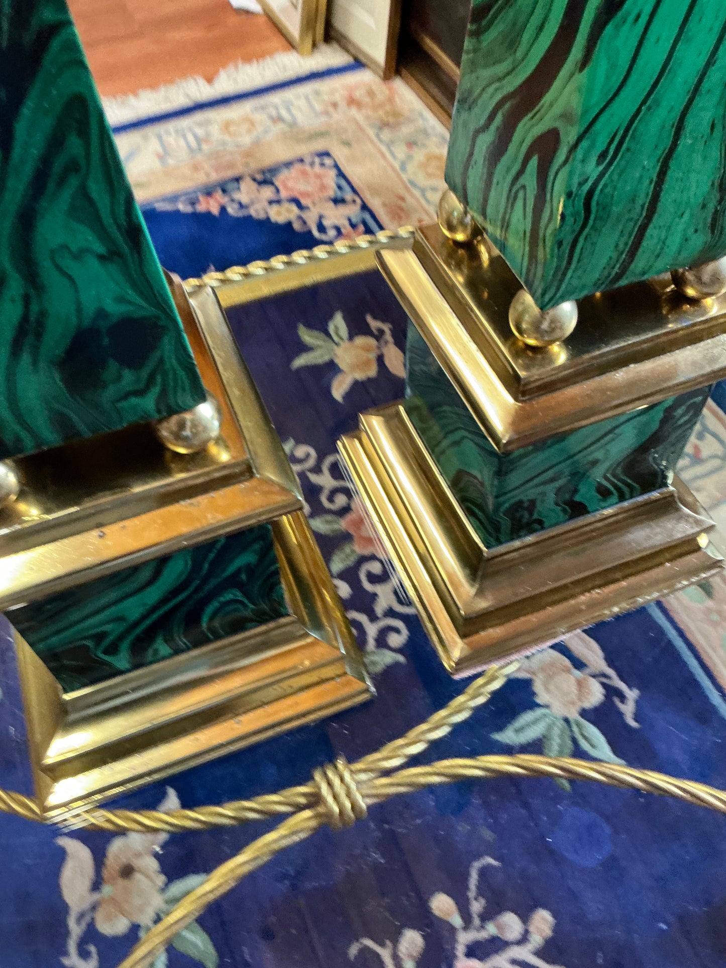 Vintage Faux Malachite and Brass Obelisks Pair