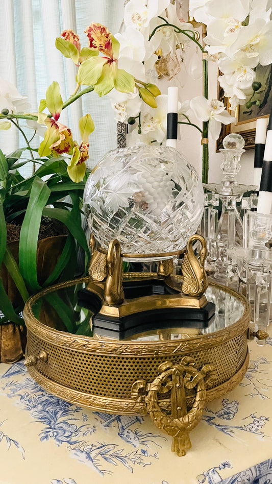 Vintage Crystal Rose Bowl on Brass Swan Base