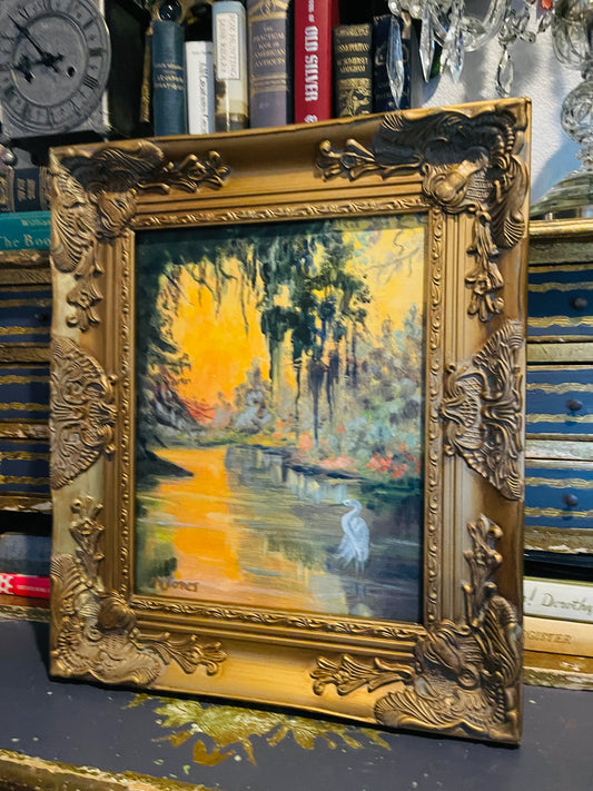 Vintage East Texas Bayou Landscape Painting – Cypress Trees at Sunset with Great Egret