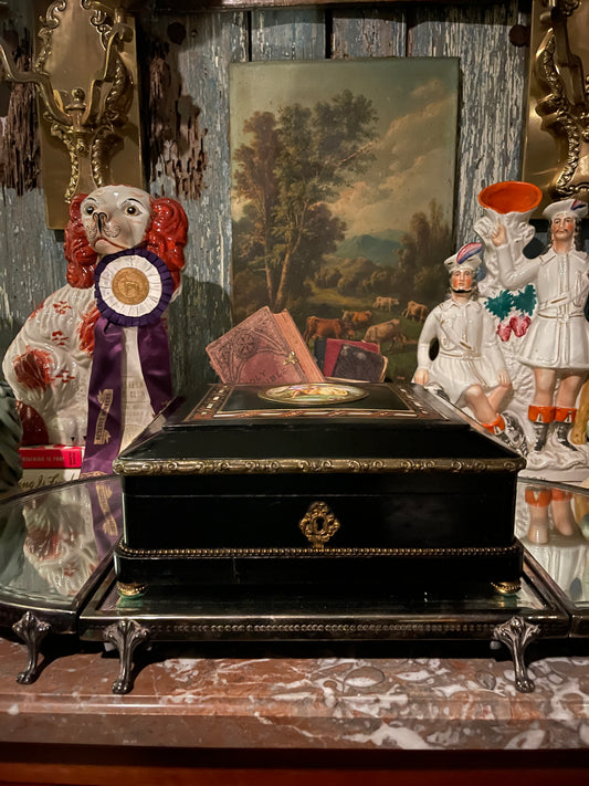 19th Century French Napoleon III Ebonized Mother-of-Pearl Inlaid Box with Hand-Painted Porcelain Plaque – Round Top Find