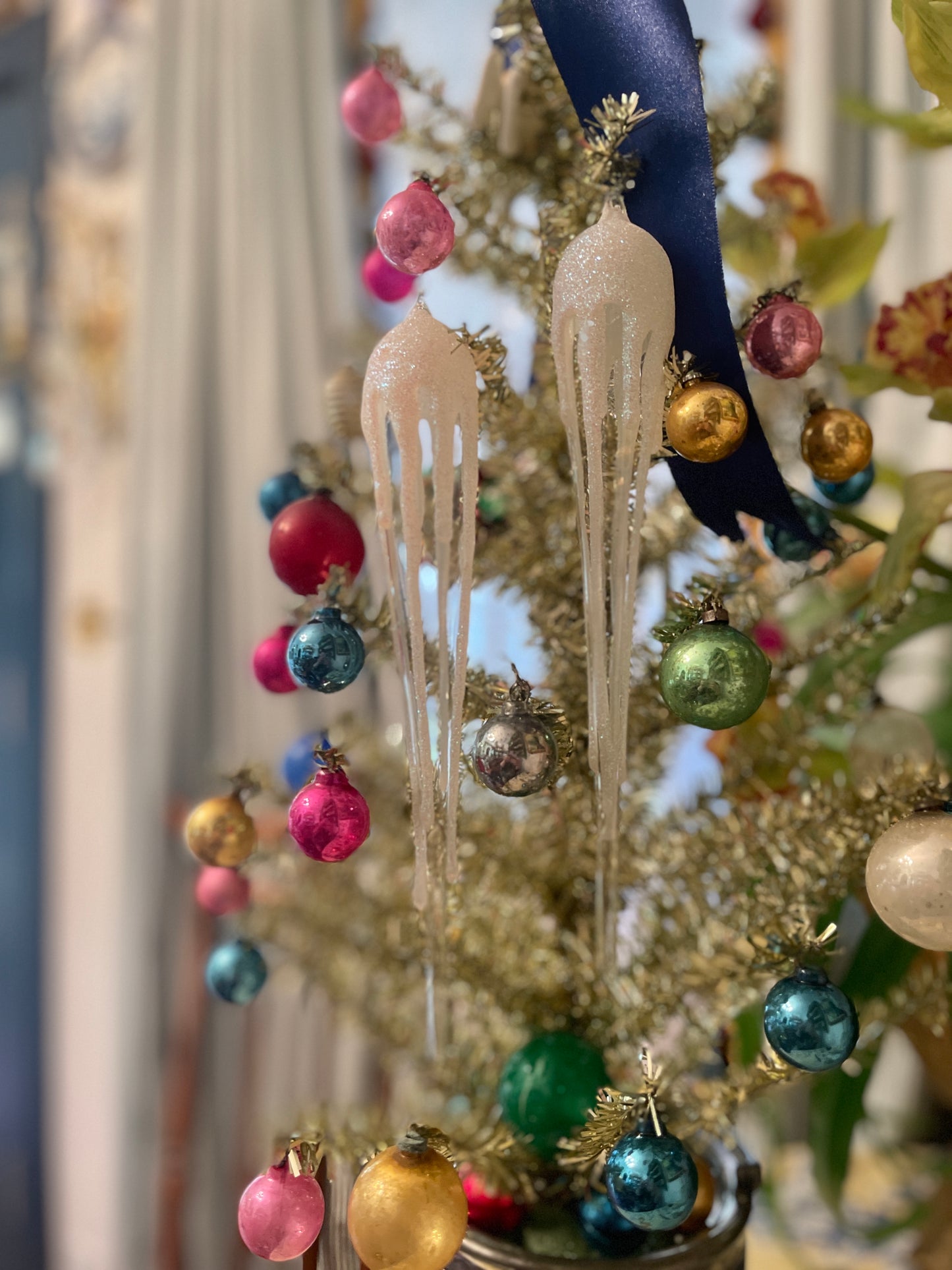 Glittery Snow Capped Glass Ice Cycle Ornament Pair, Vintage, Sold in Pairs