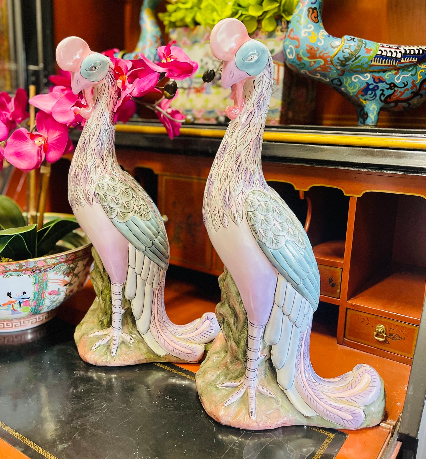 Vintage Chinoiserie Porcelain 18” Chinese
Phoenix Statues- Pair