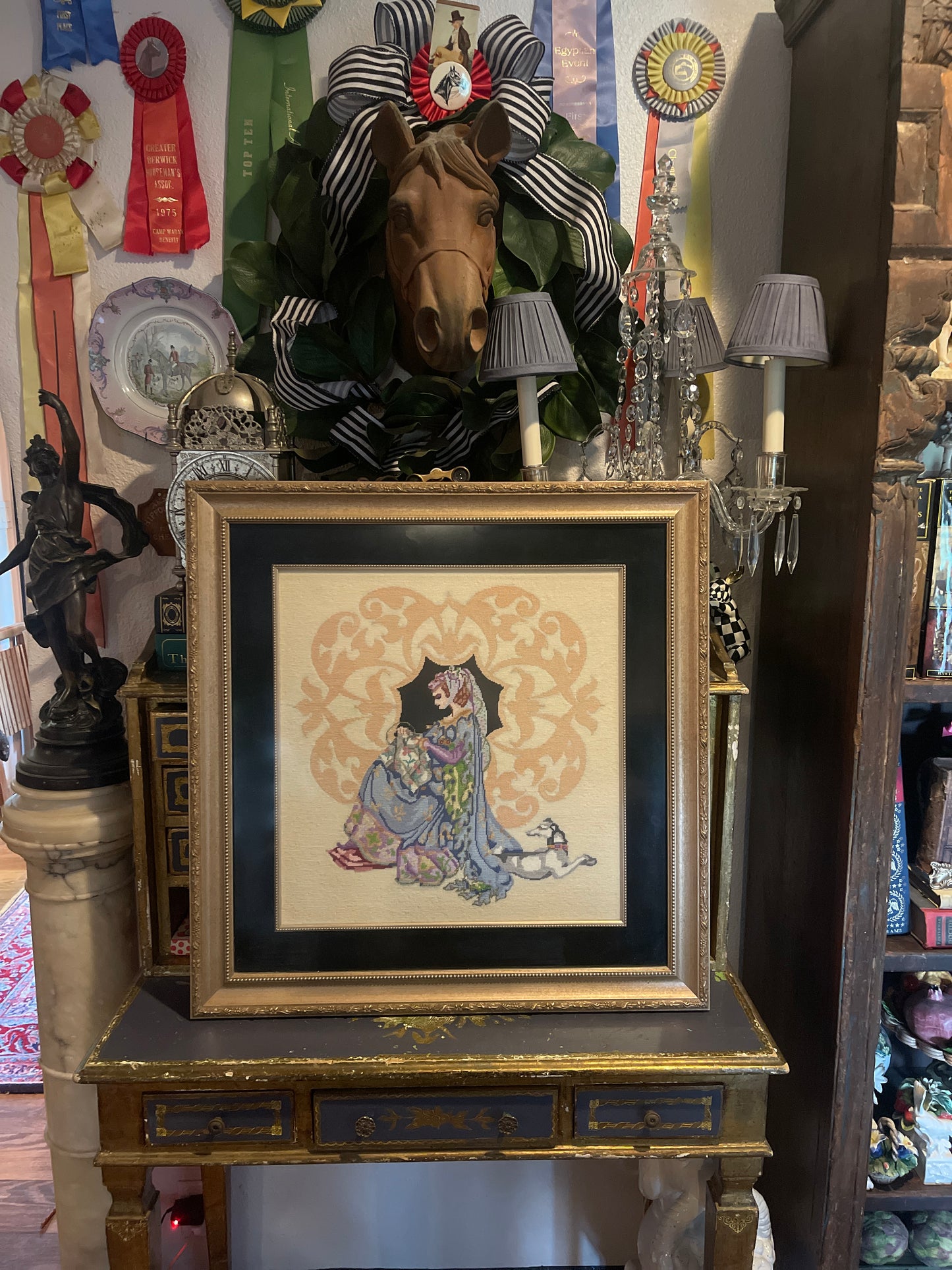 Victorian Needlepoint of a Renaissance Queen – Framed Antique Textile Portrait