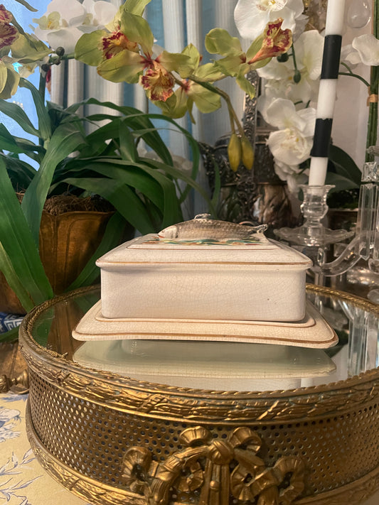 French Porcelain Sardine Box, Antique French Porcelain Sardine Box with Wheat and Fish Motif, Numbered
