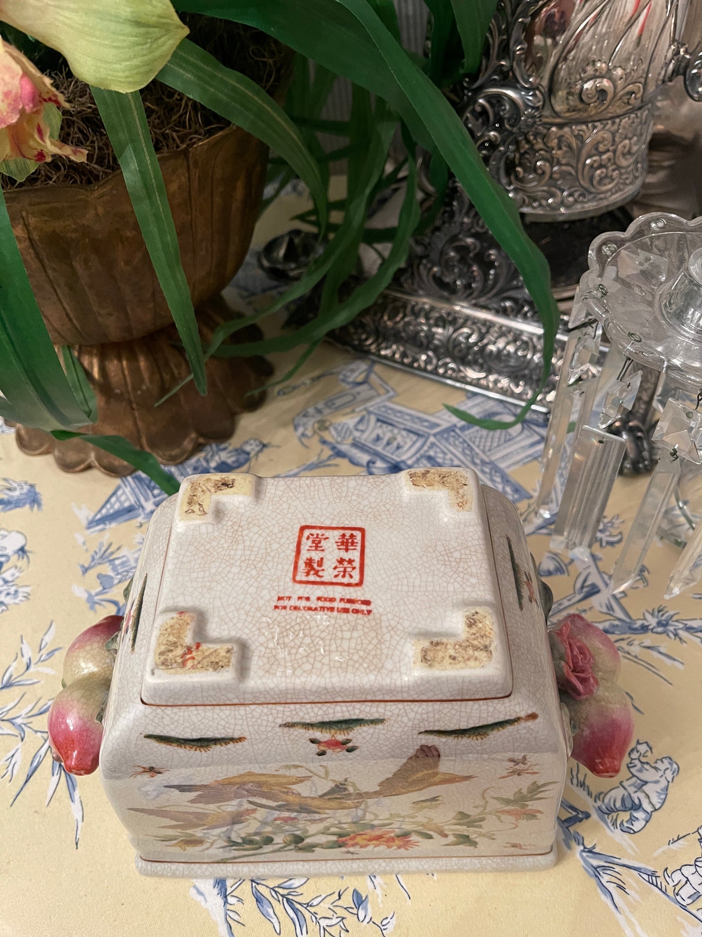 Vintage Chinoiserie Bird Footed Cachepot Planter with Applied Fruit Handles