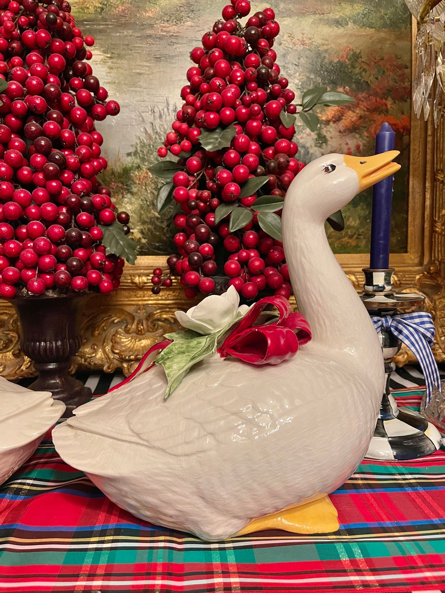 Vintage Christmas Geese with White Flowers and Red Bows, Hand Painted