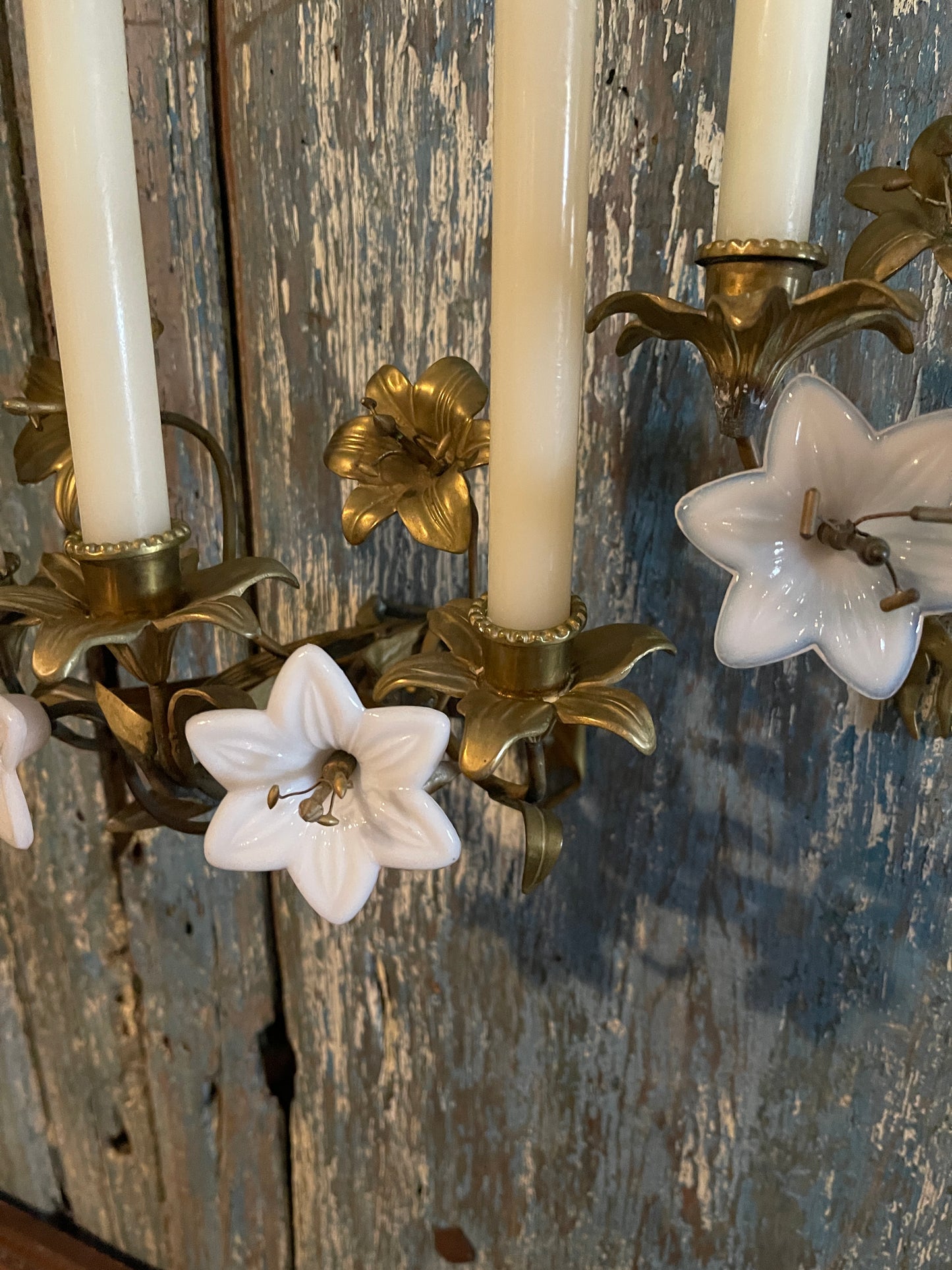 Antique French Church Gold Tole and Milk Glass Wall Sconces, Pair