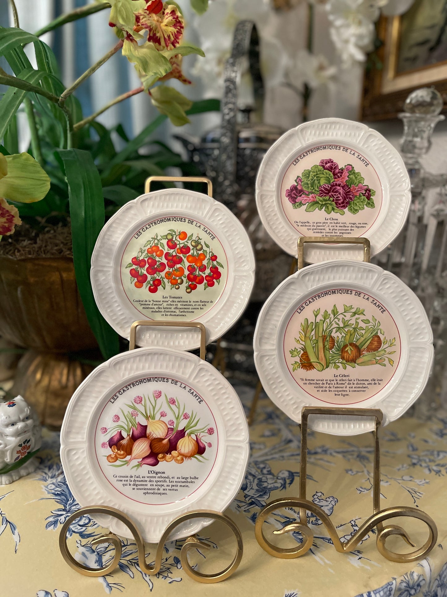 Set of 4 Les Gastronomiques De La Sante Potager Enchante Canapes Plates by Gien France, Les Tomates, Le Chou, Le Celeri, and L’Oignon