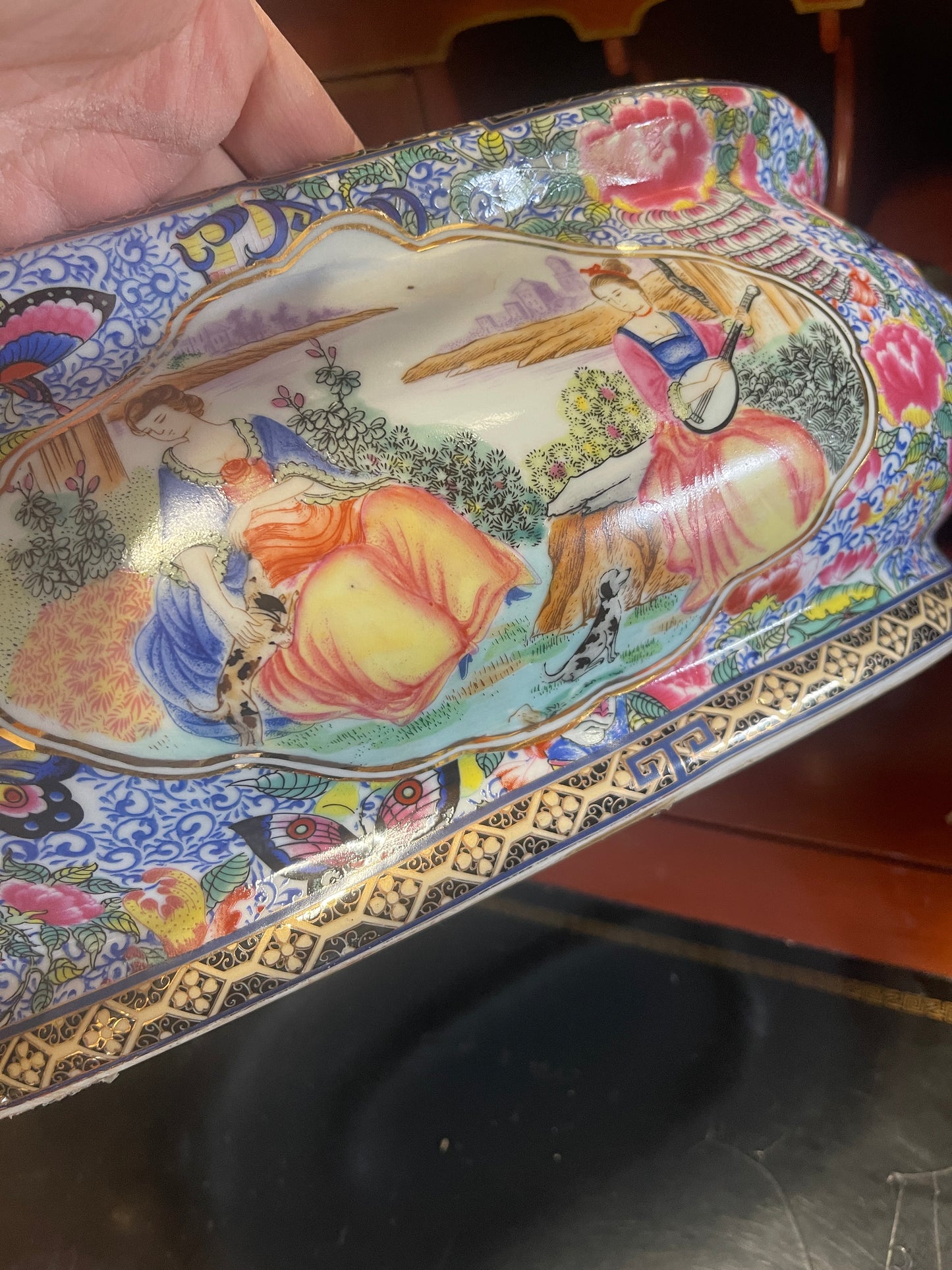 Vintage French Courting Scene Footbath, Vibrant Chinoiserie Detail