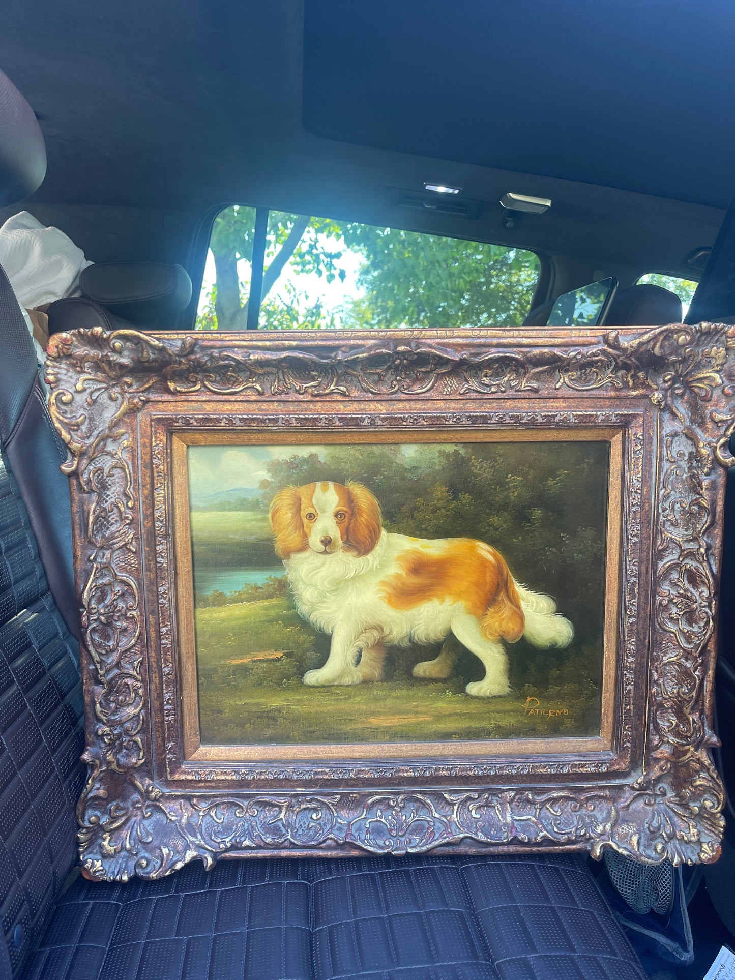 Vintage Oil Painting – Spaniel Dog Portrait in Ornate Frame, Artist Signed