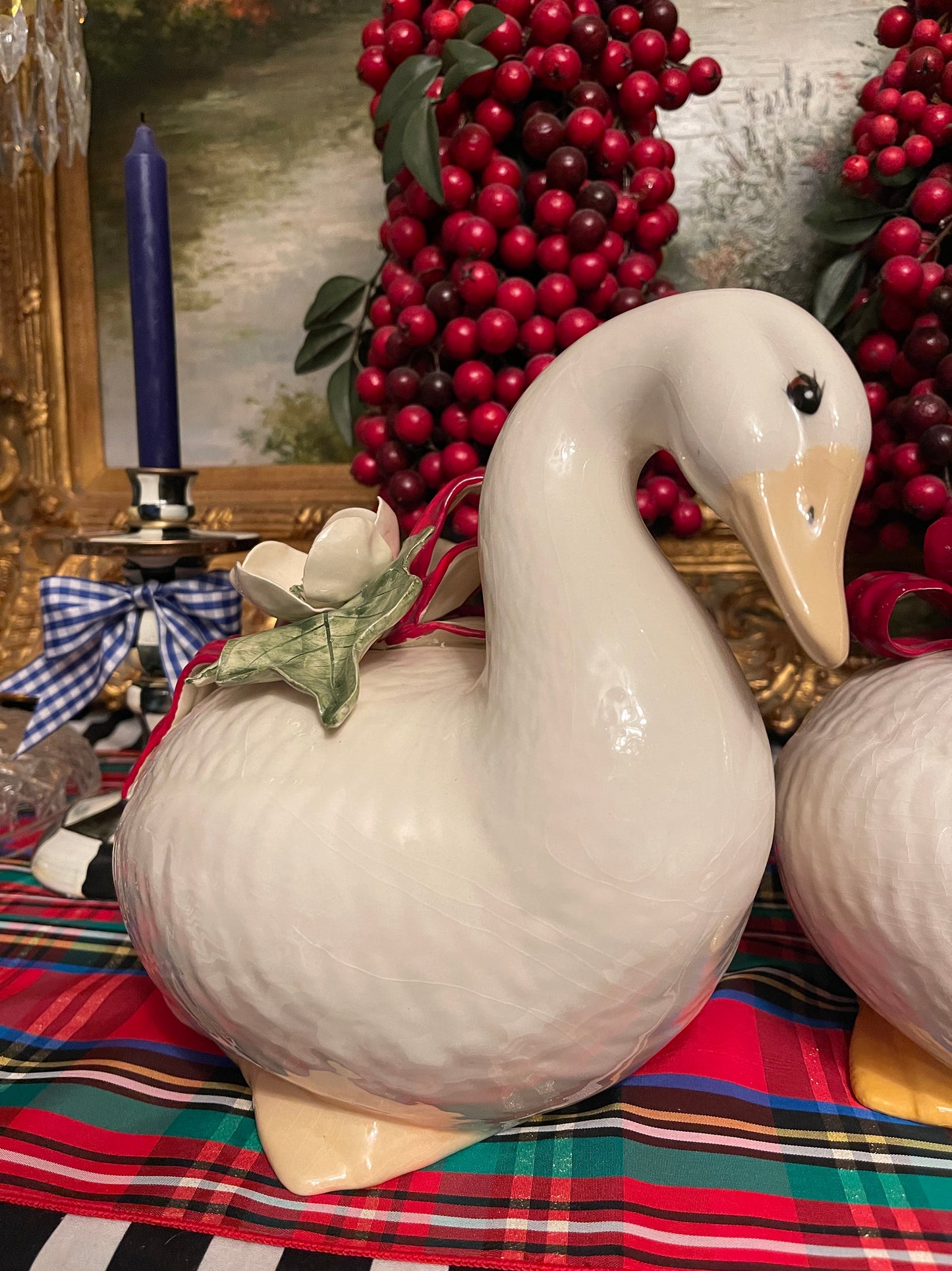 Vintage Christmas Geese with White Flowers and Red Bows, Hand Painted