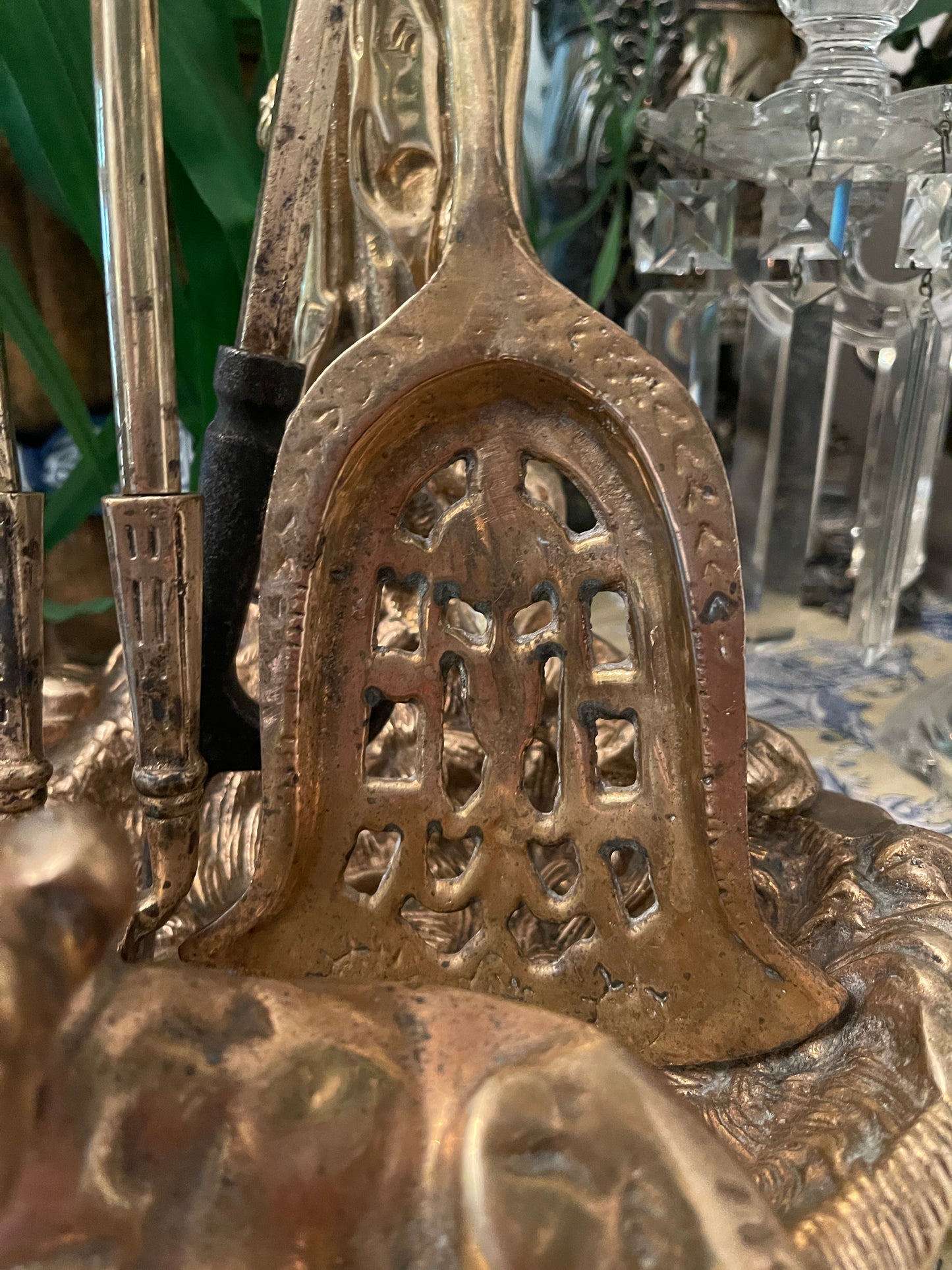 Art Nouveau Brass English Hunt Fireplace Tool Set, c. Early 20th Century