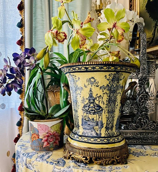 Chinoiserie Pagoda Porcelain and Ormolu Jardiniere