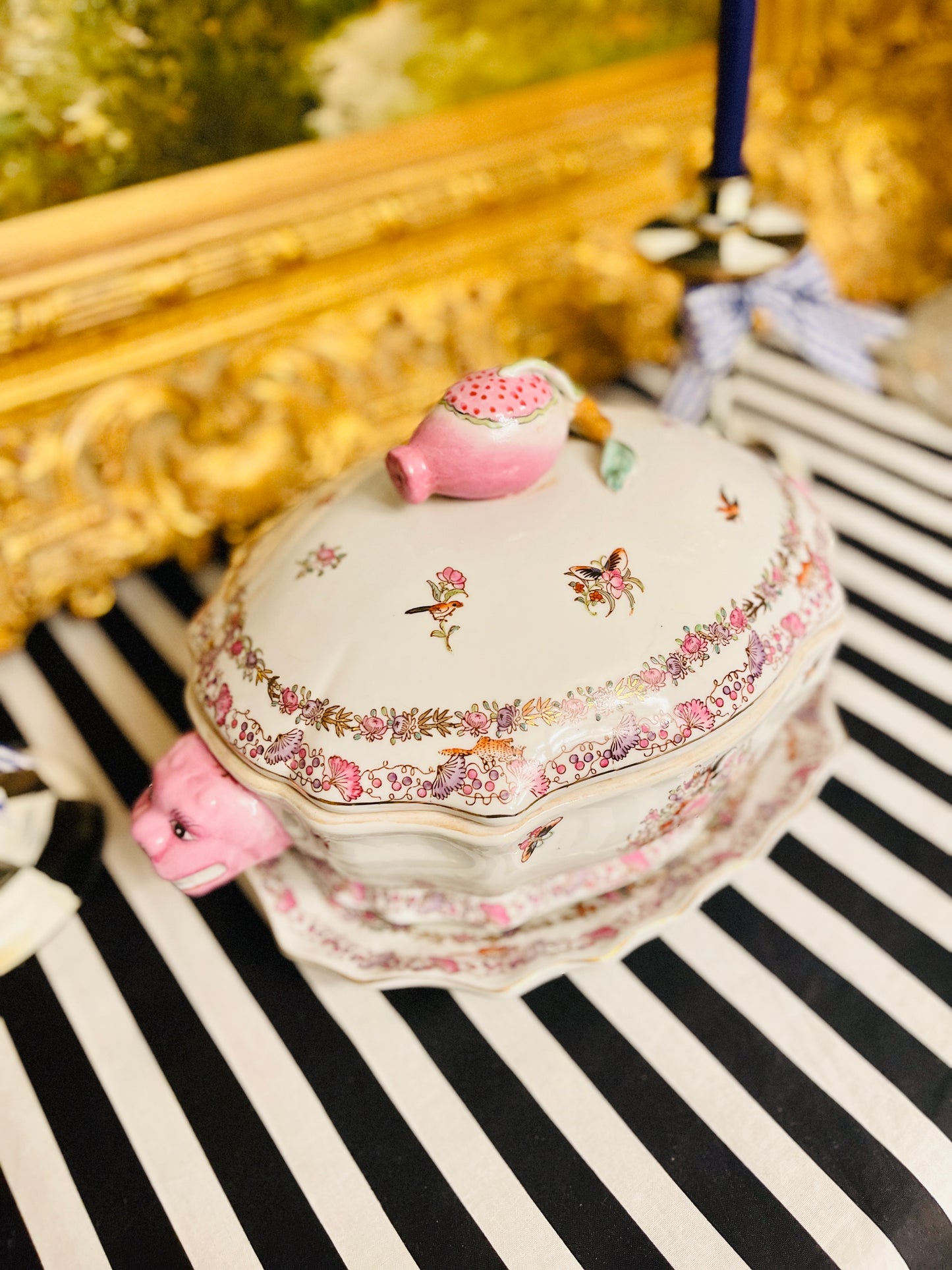 Vintage Chinoiserie Hua Ping Tang Zhi Lidded Tureen with Underplate, Pink Foo Handles, Fruit Ginial