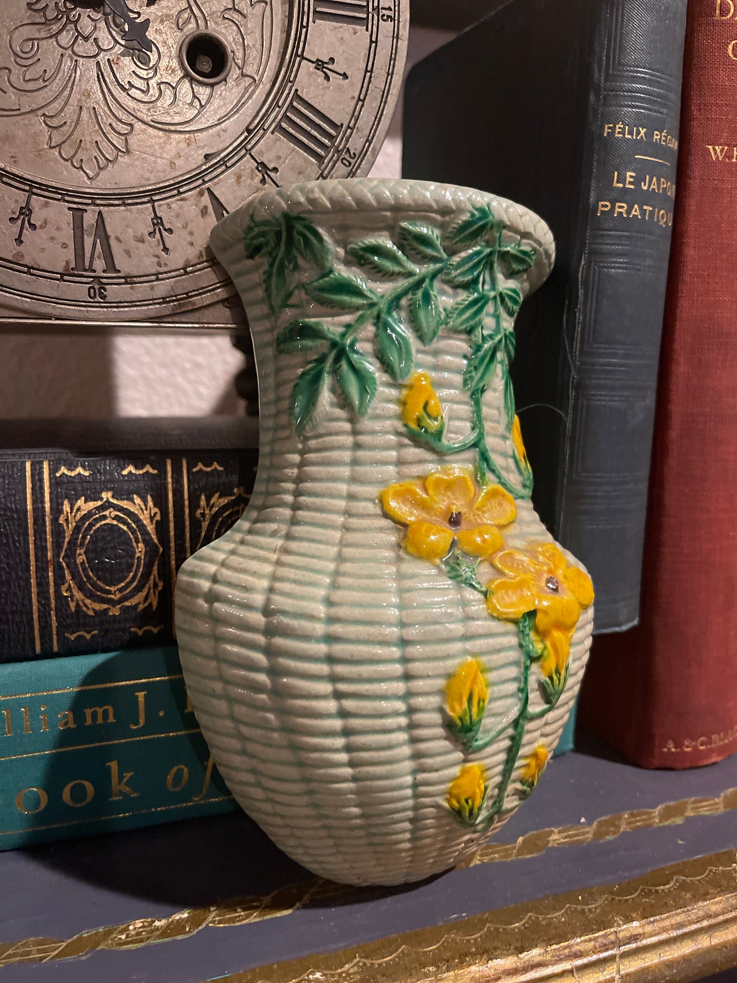 Vintage Chinoiserie ‘Rattan Basket’ Wall Pocket with Yellow Flowers and Green Vines and Leaves, Made in Japan