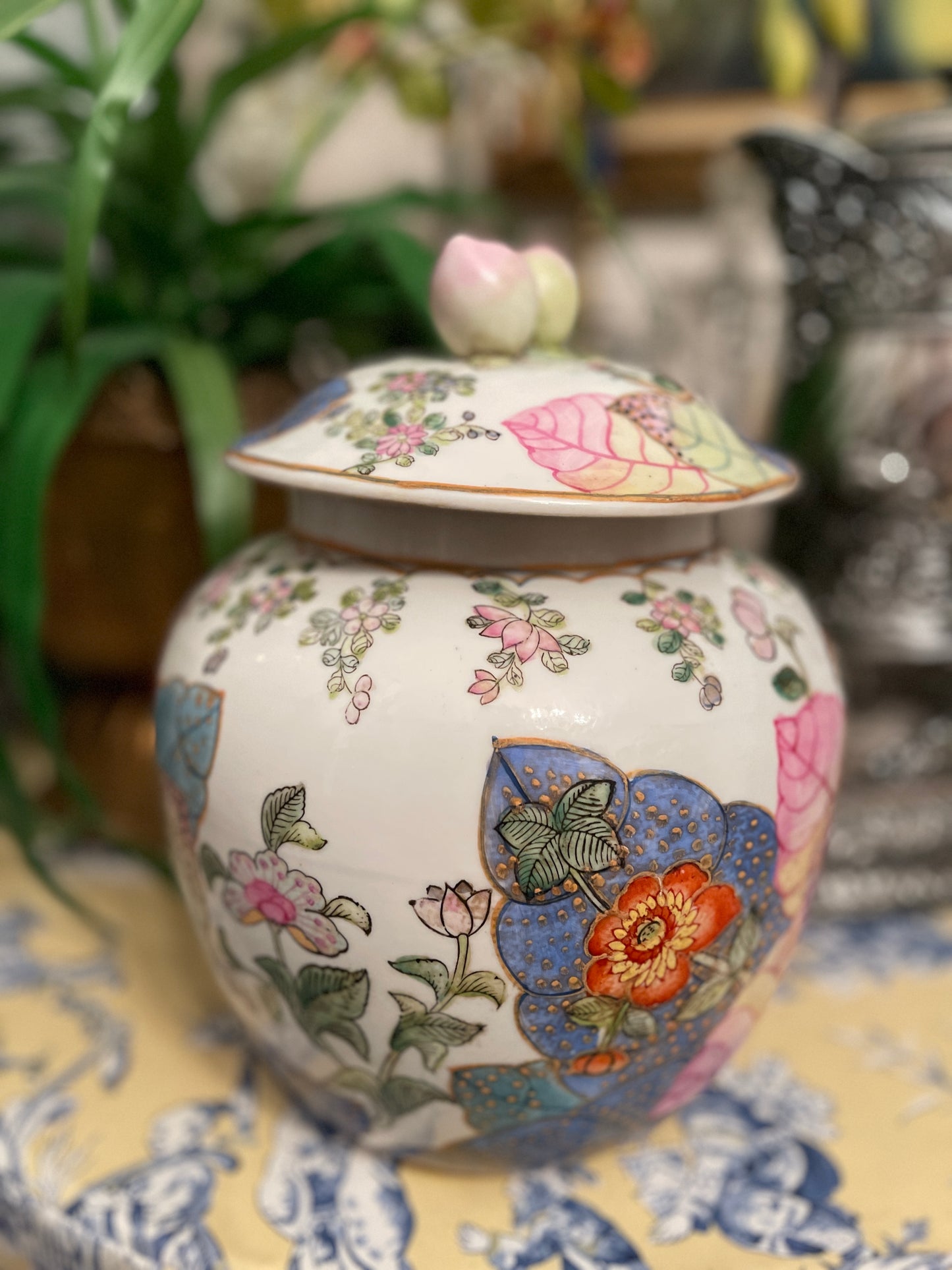Large Tobacco Leaf Lidded Jar with Applied Fruit and Enamel Foliage