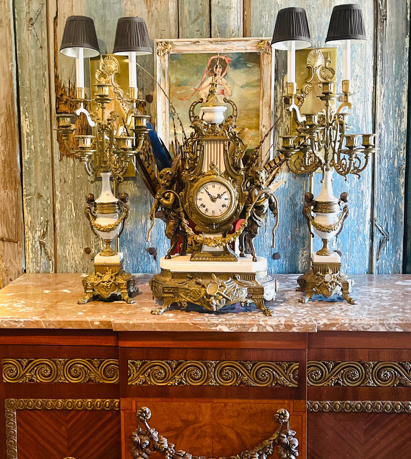 Italian Bronze & Marble Candelabra Clock Garniture Set, Putti & Neoclassical Cherub Motifs, Gilded Age Grandeur