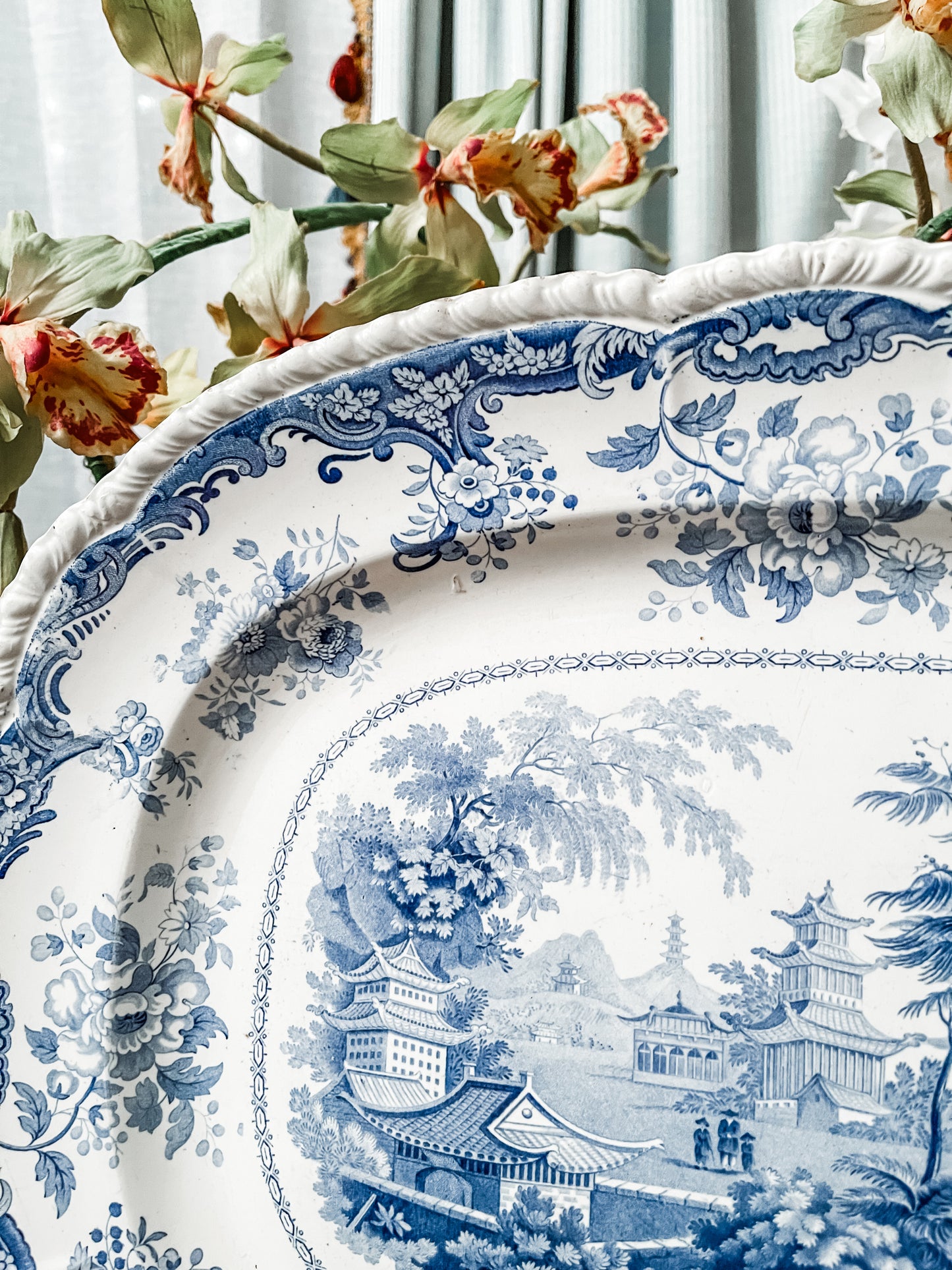 Antique 19th Century Minton Chinese Marine Opaque Blue and White Chinoiserie Platter, XLARGE