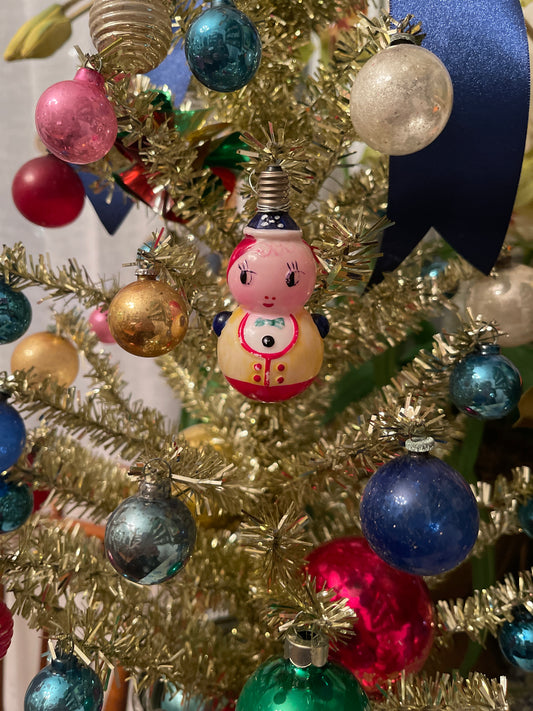 Vintage Colorful Holiday Gal Figural Milk Glass Bulb