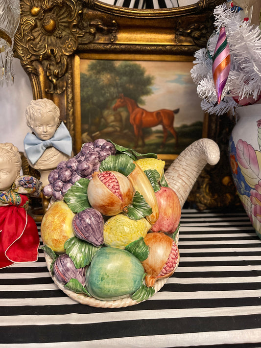 Large Italian Bountiful Frit Filled Basketweave Cornucopia, Hand Painted, Vintage Estate Decor