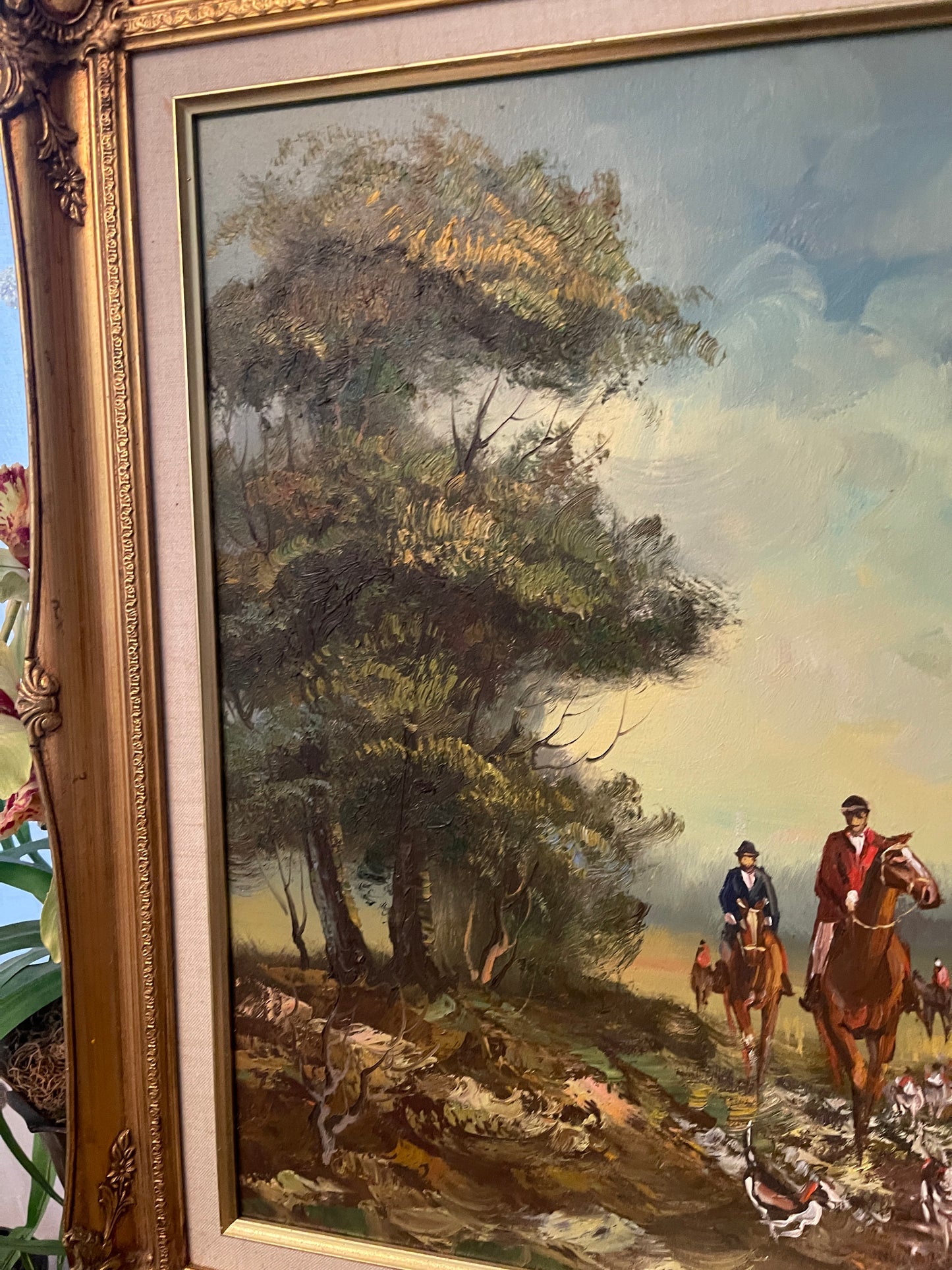 20th-Century Impressionist Hunt Scene, Equestrian Oil Painting in Ornate Gilt Frame, Artist Signed, Round Top Find