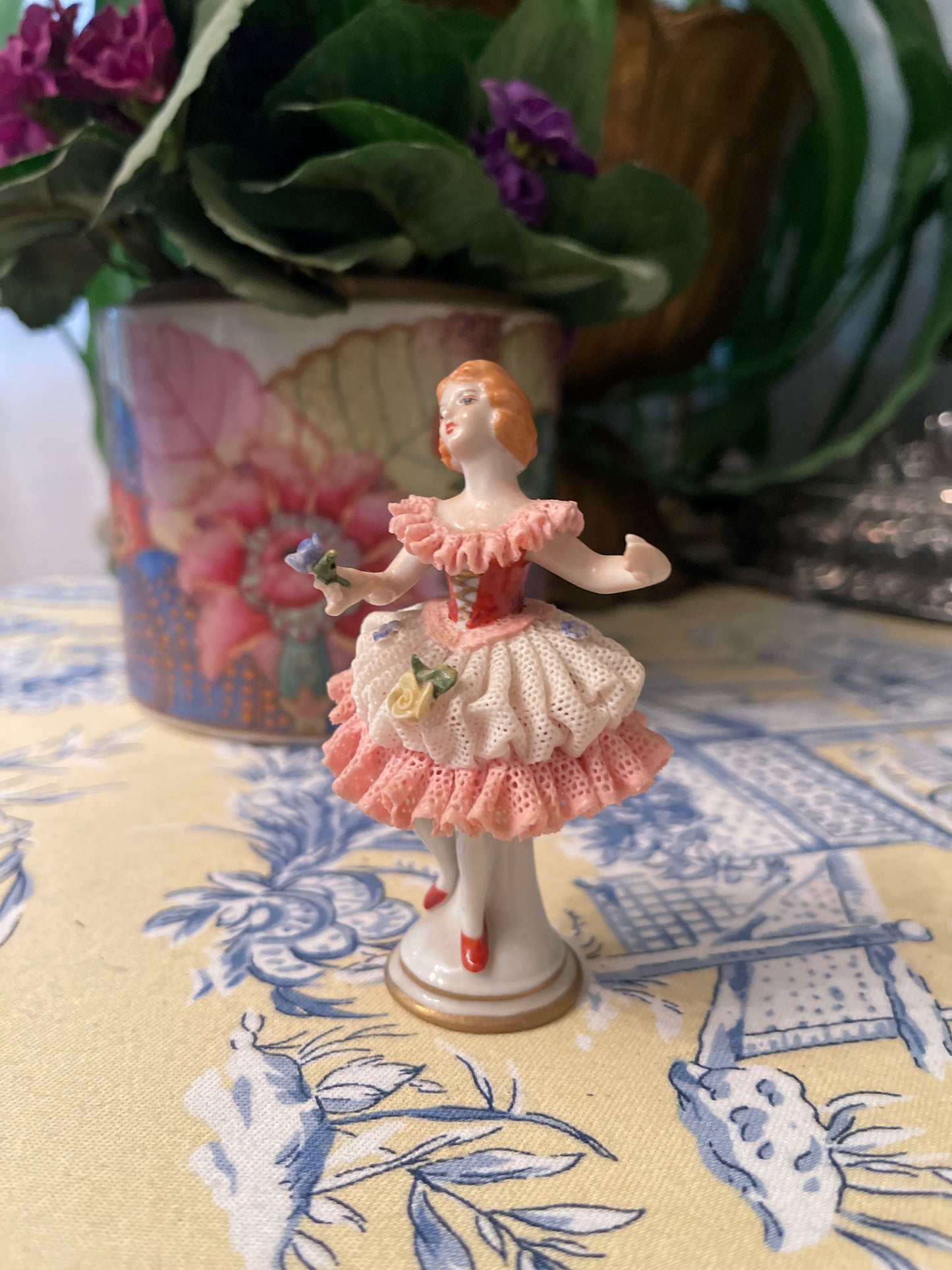 German Volkstedt Porcelain Lace Ballerina Lady Holding Flower