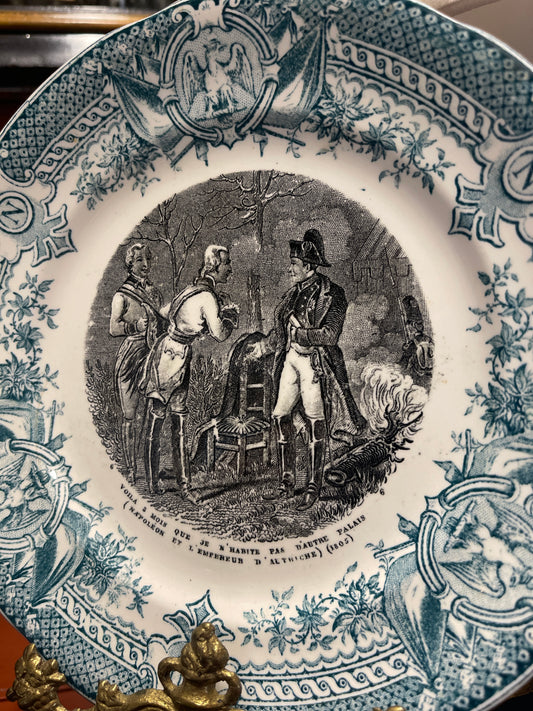 Sarreguemines Napoleon Voila 3 Mois Plate - 19th Century Antique French Digoin & Sarreguemines Teal & Black Napoleon Dessert Plate
