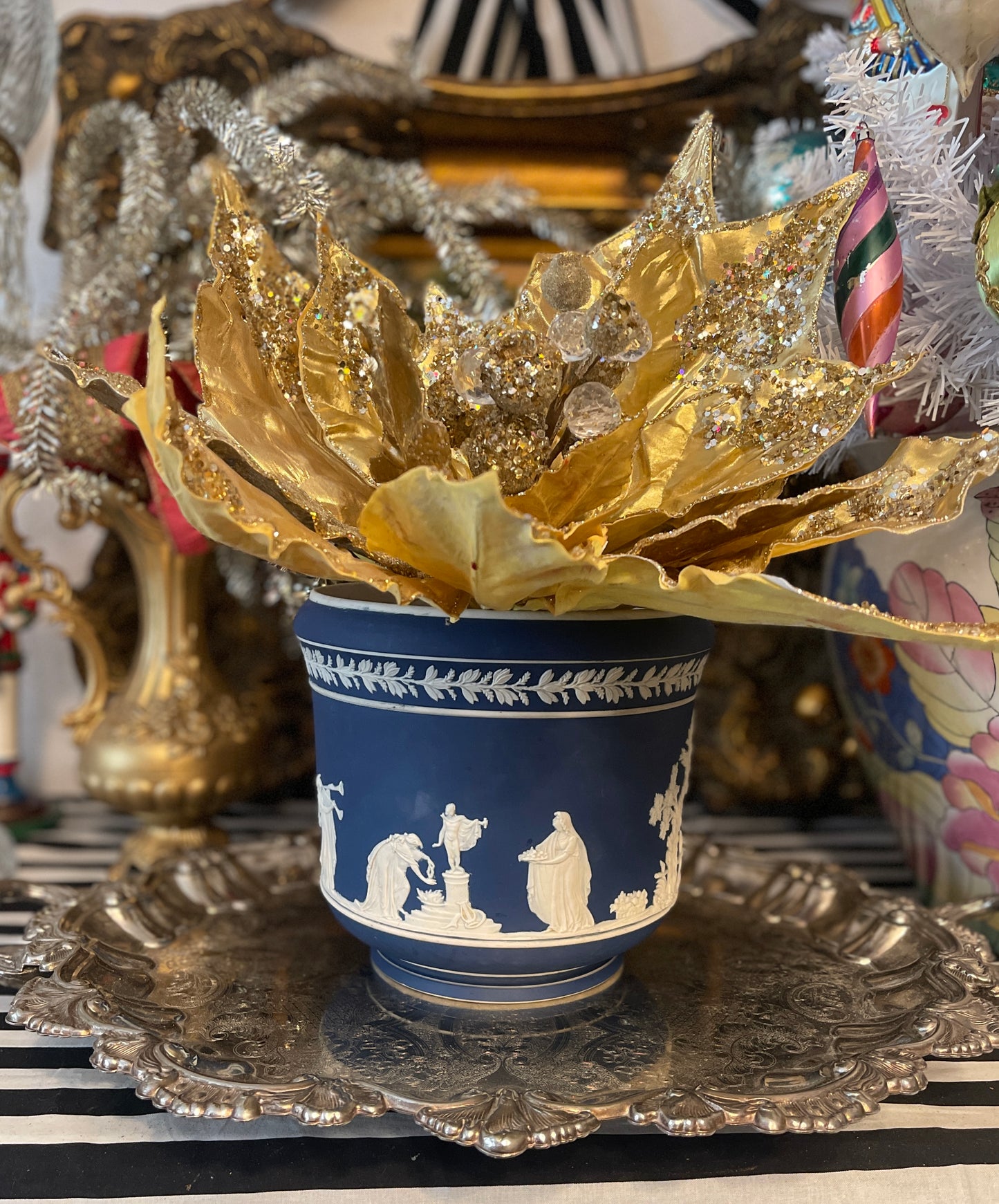 Blue and White Jasperware Cachepot by Adams, Made in England