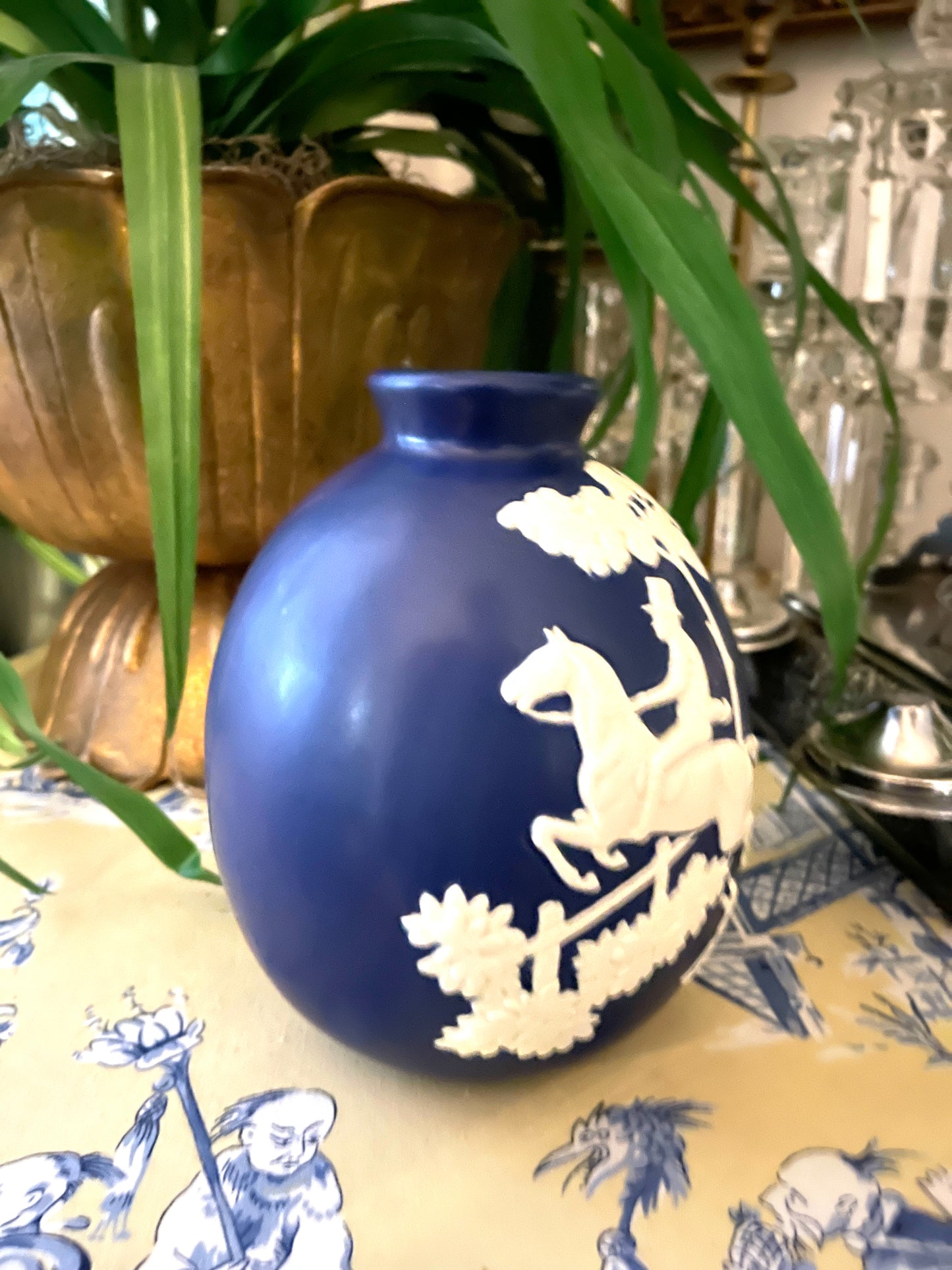 Vintage Weller Pottery Equestrian Vase, Blue and White, Marked