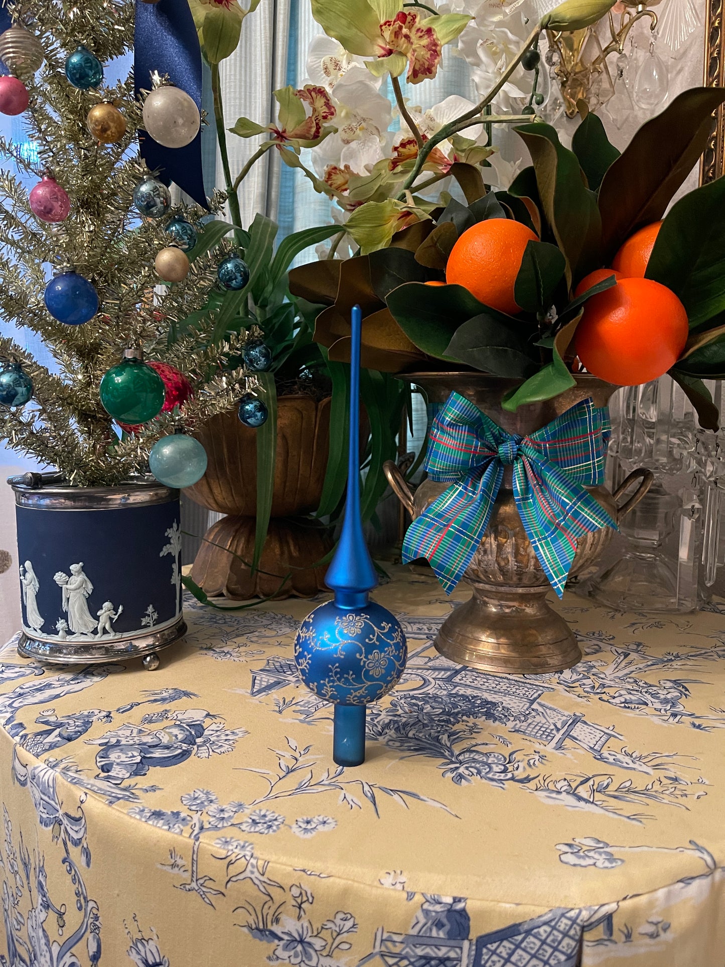 Vintage Blue and Gold Glass Tree Topper, Made in Germany