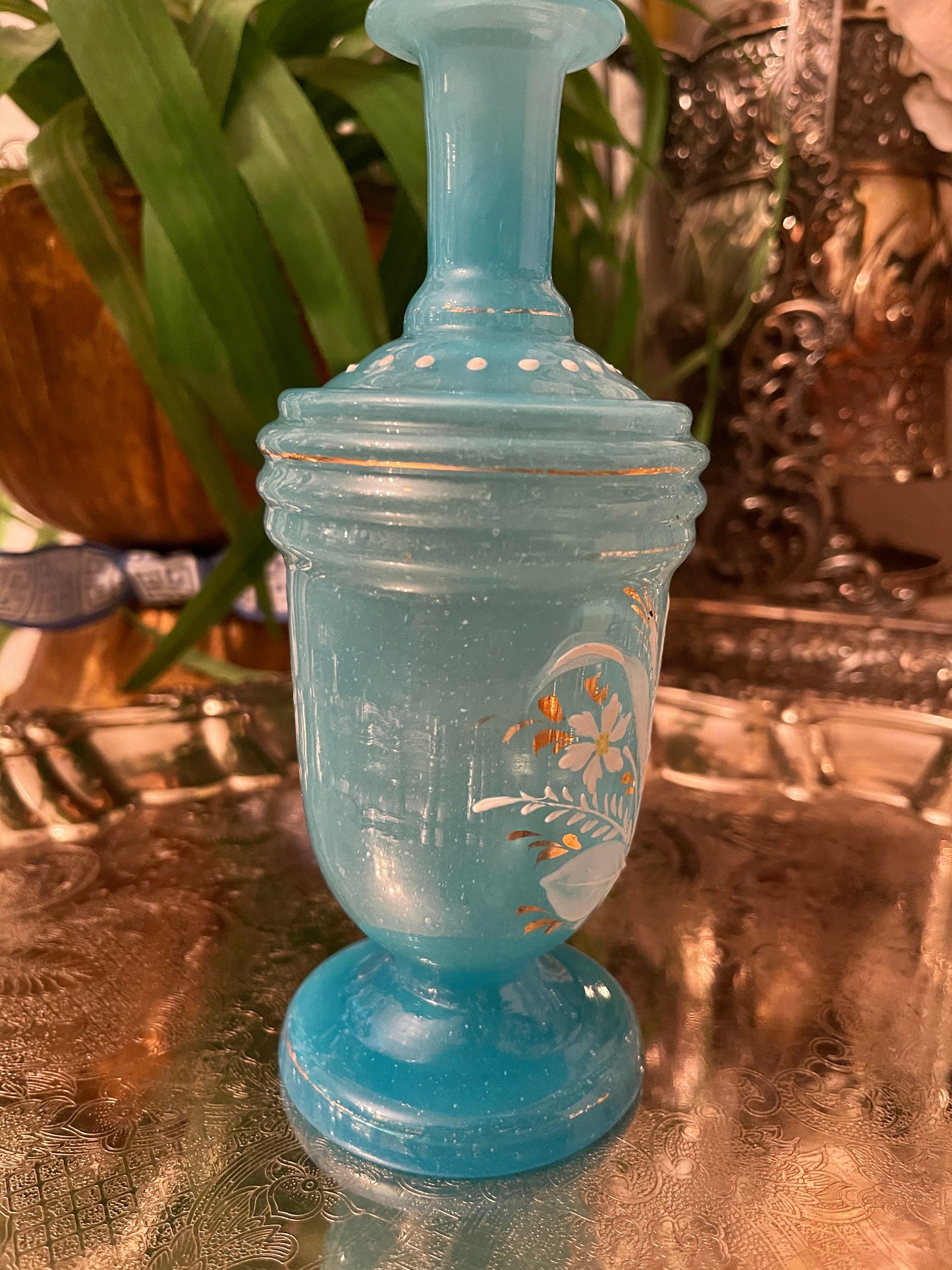 Vintage Blue Opaline Vase/Bottle with Hand Painted White Flowers, Wheat Sheaves and Gold Detail