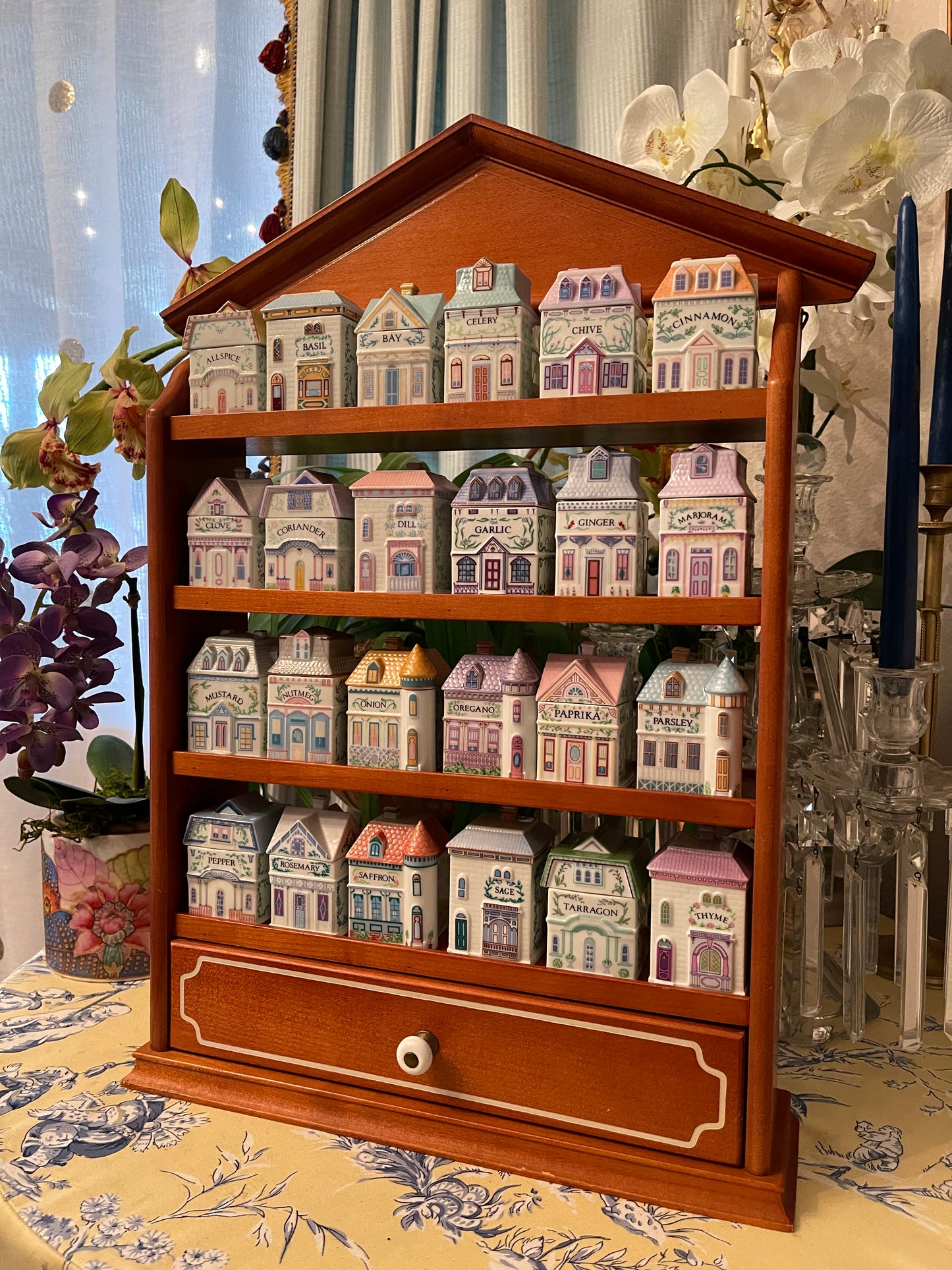 1989 Lenox Spice Village, 24 Houses with the Original Wood Display Shelf, Grandmillennial Decor