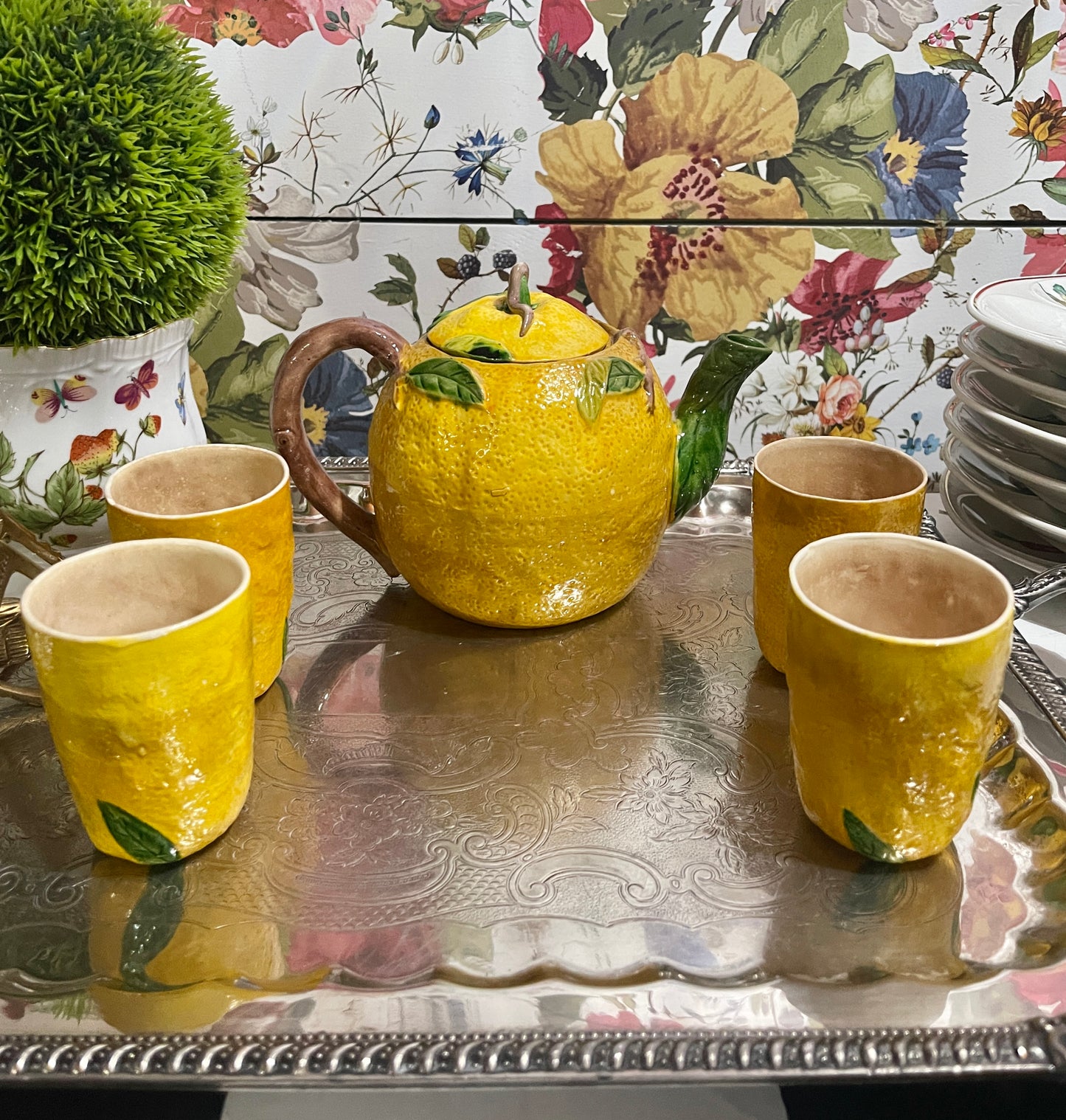 Vintage Majolica Lemon Tea Set, Made in Japan, Garden Party Chic