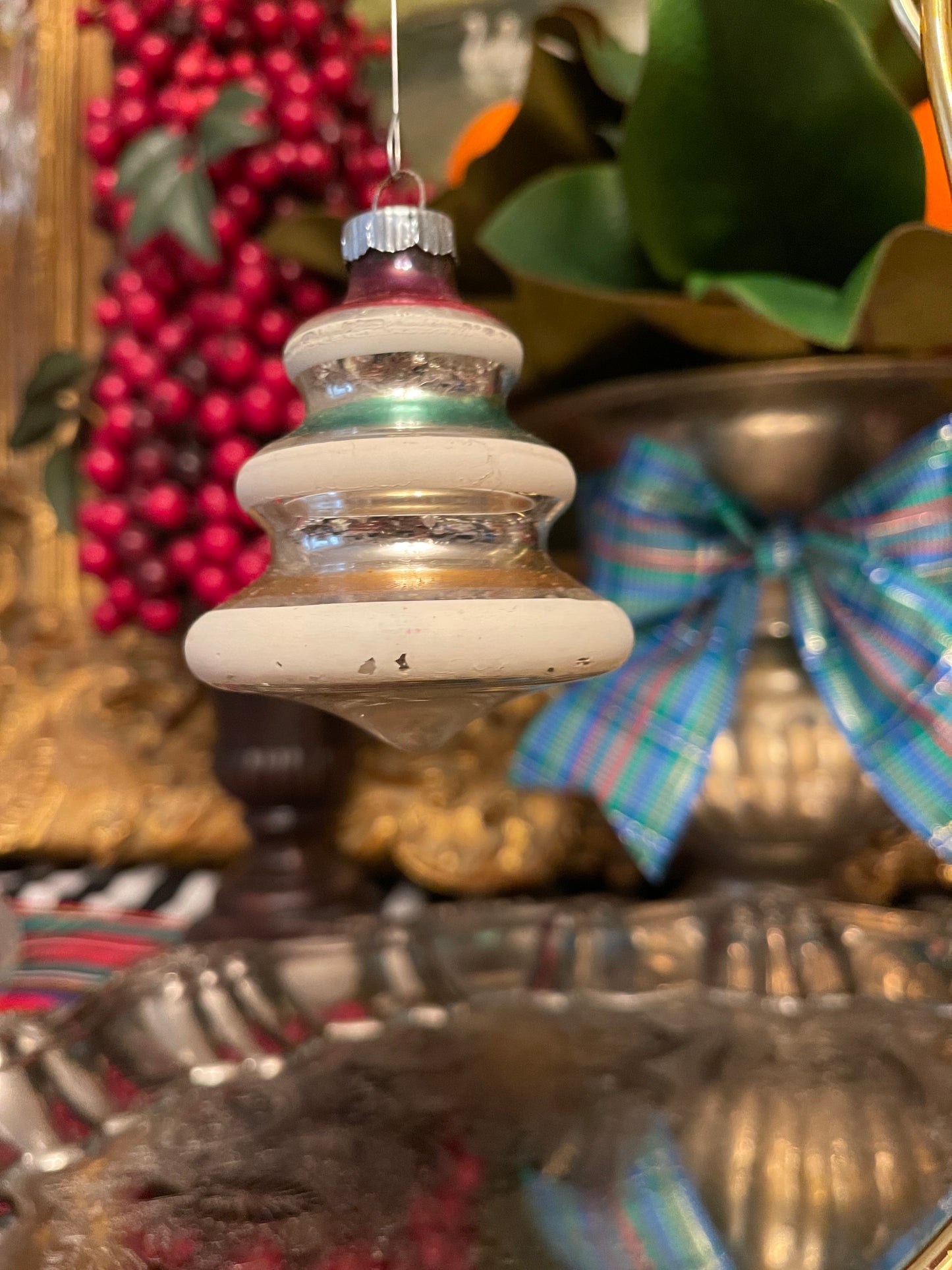 Vintage Shiny Brite Striped Mica UFO Tree Ornament Pair, Mid Century, Holiday Estate Decor