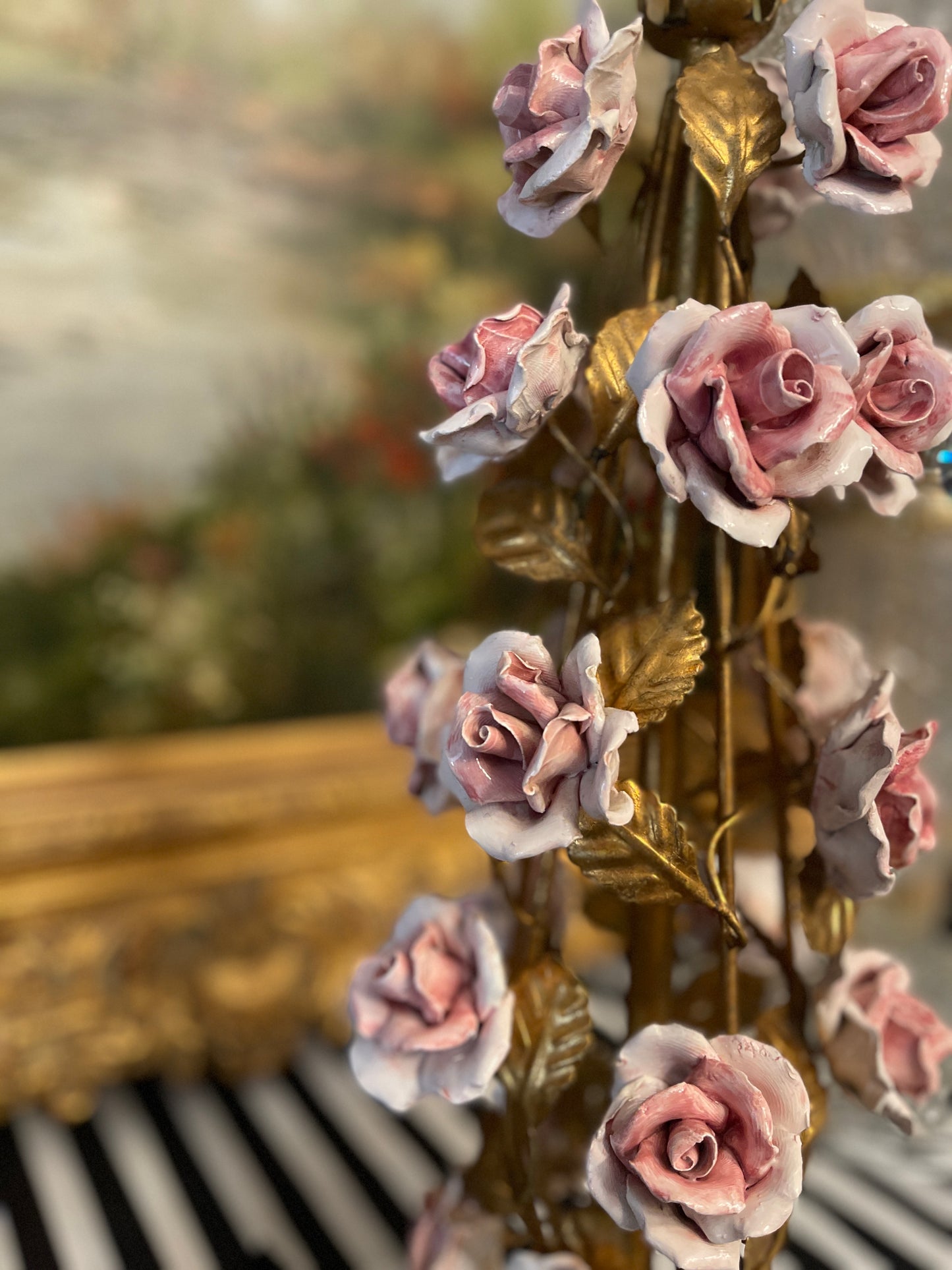 Vintage Italian Gilt Tole Lamp with Pink Porcelain CAPOdimonte Roses