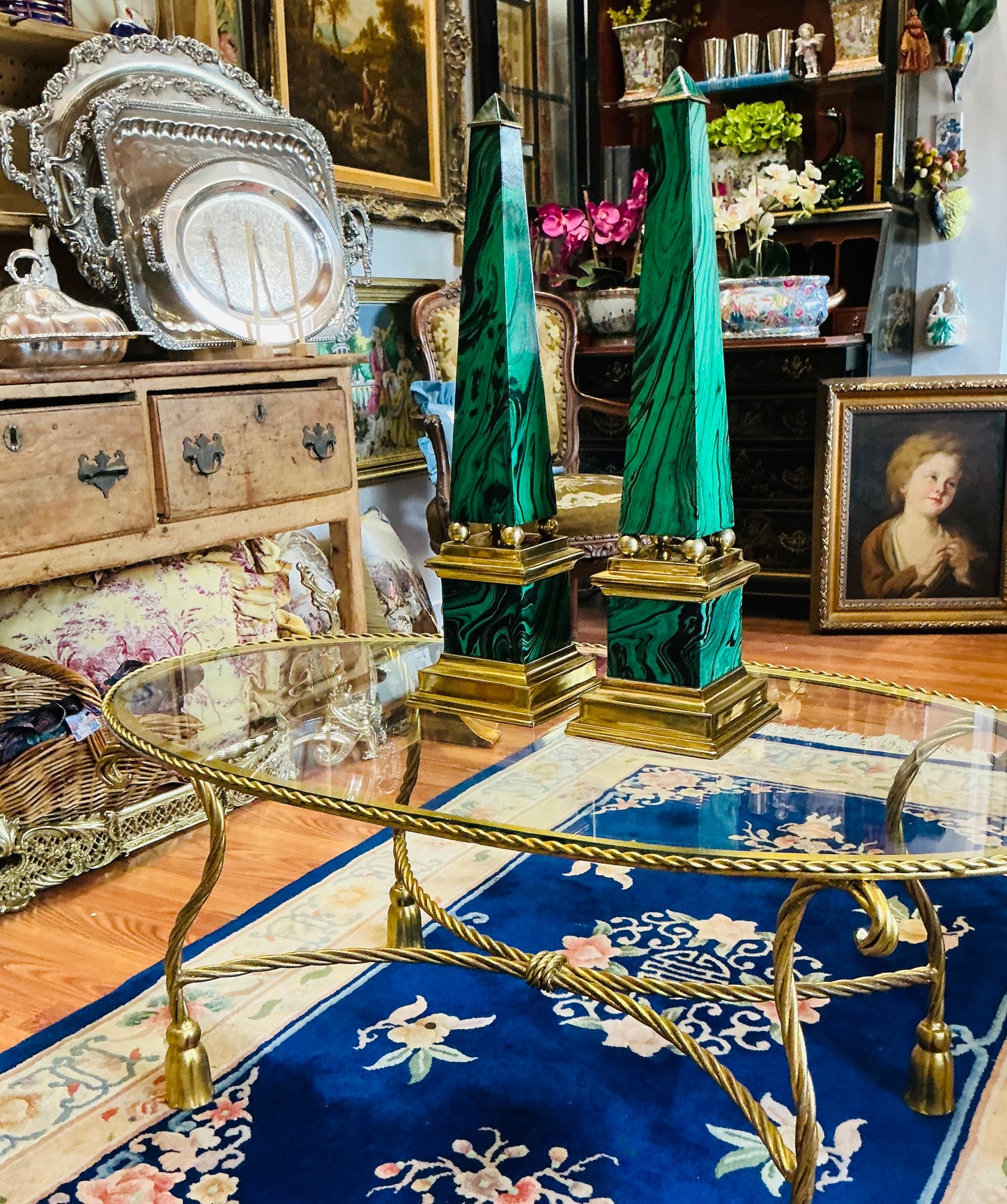 Vintage Faux Malachite and Brass Obelisks Pair