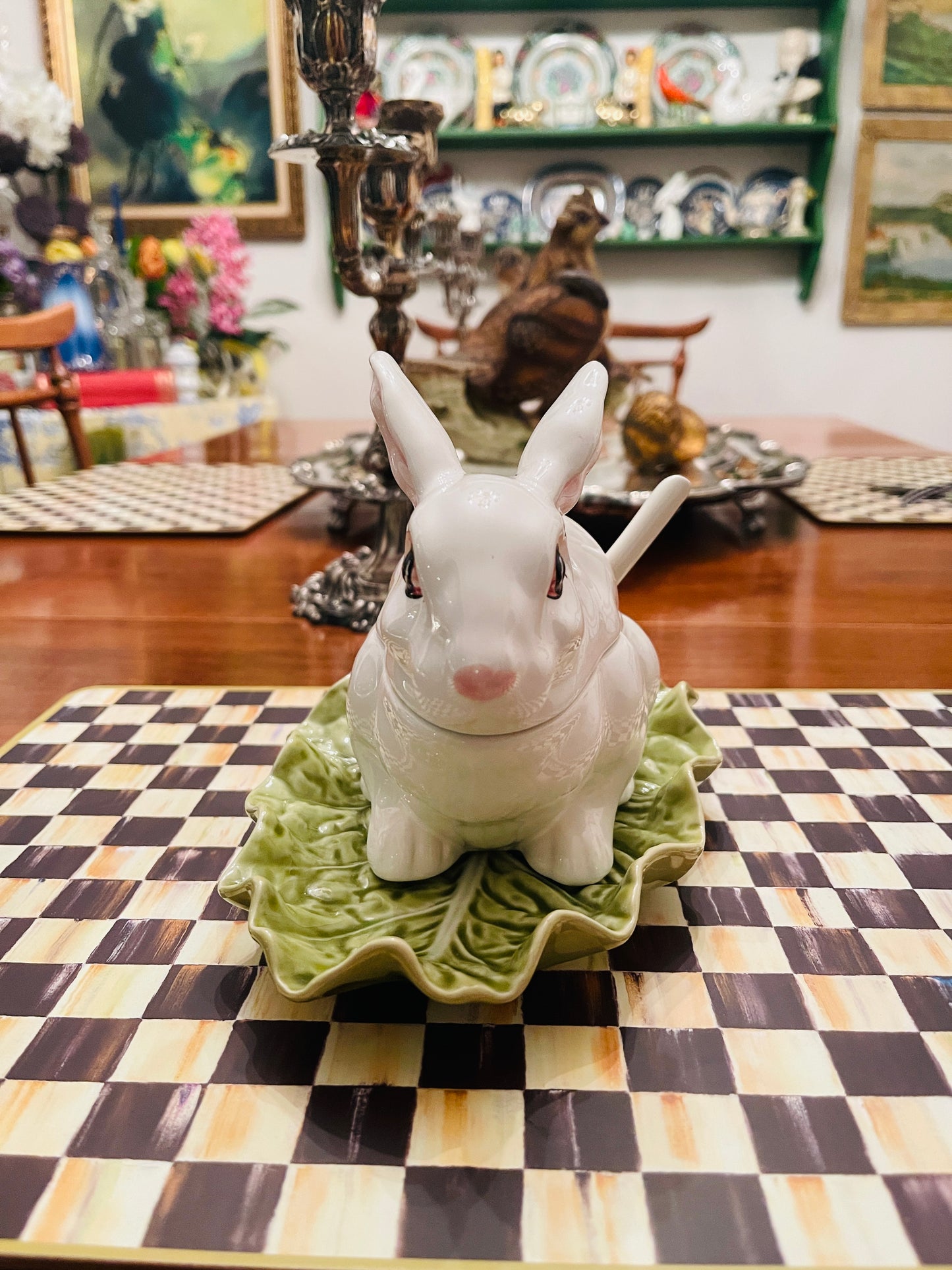 Vintage Bordallo Pinheiro Rabbit Saucier Dish on Cabbage Leaf Under Plate with Ladle