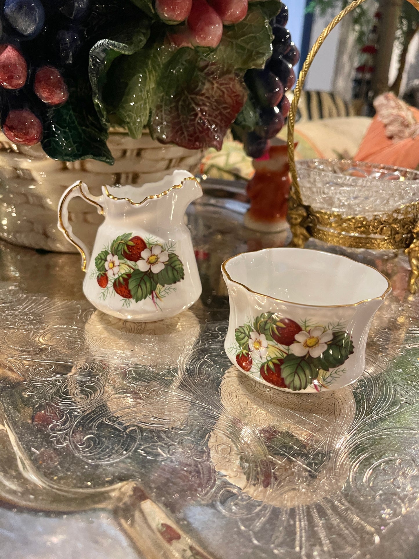 Vintage Strawberry Ripe Hammersley Creamer and Sugar Bowl, Bone China, Made in England
