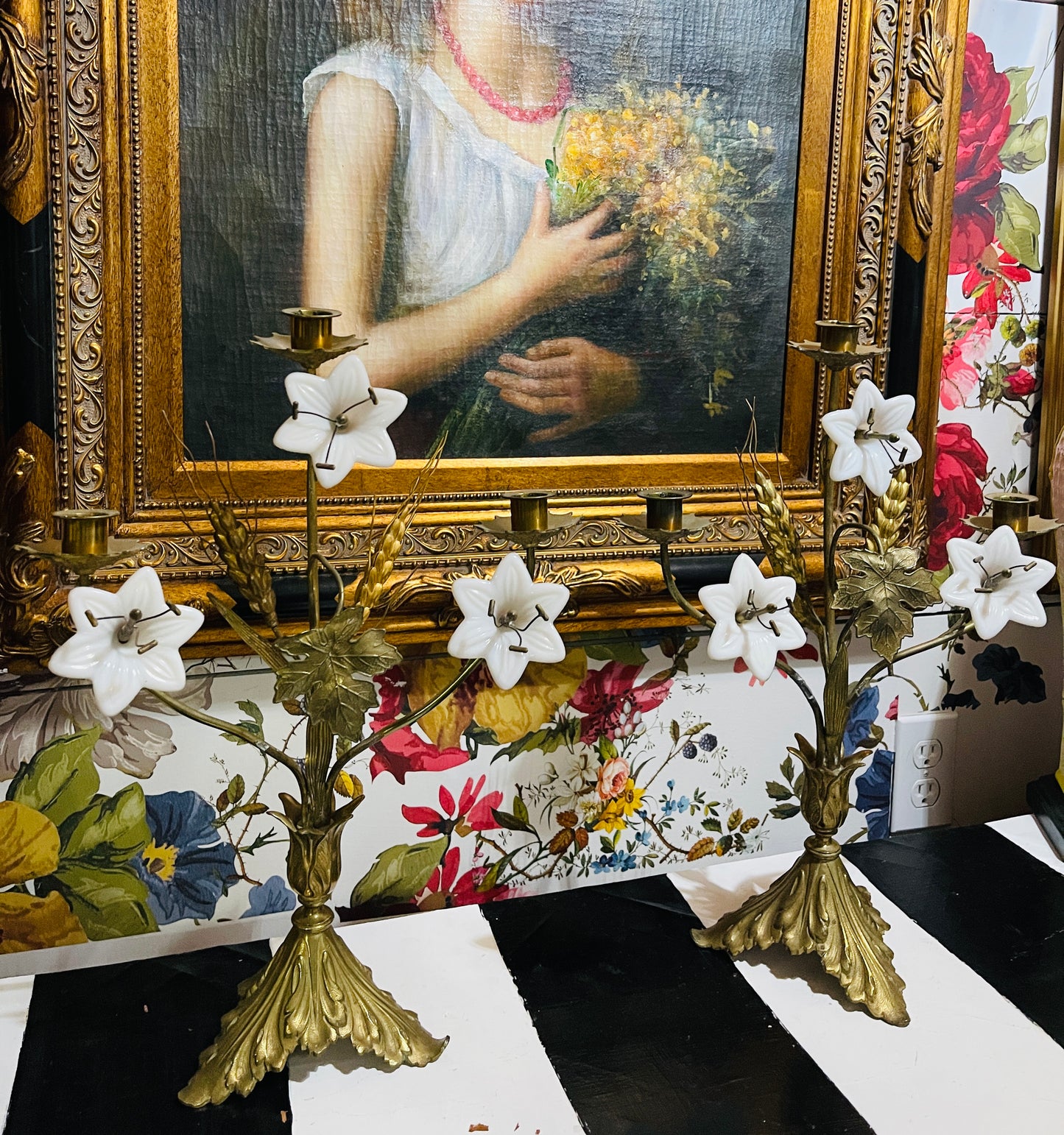 Pair of Antique French Brass Altar Candelabras with Milk Glass Lilies & Wheat Sheaves – Ecclesiastical Candle Holders