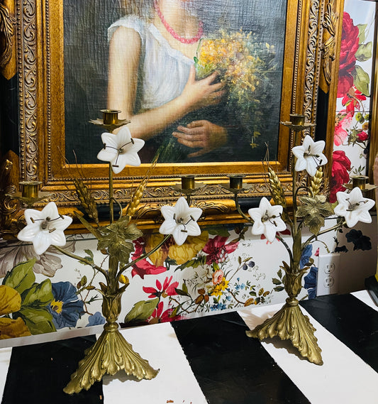 Pair of Antique French Brass Altar Candelabras with Milk Glass Lilies & Wheat Sheaves – Ecclesiastical Candle Holders