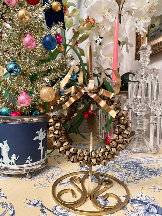 Vintage Gold Tole Jingle Bell Wreath with Bow, Green Leaves and Red Berries