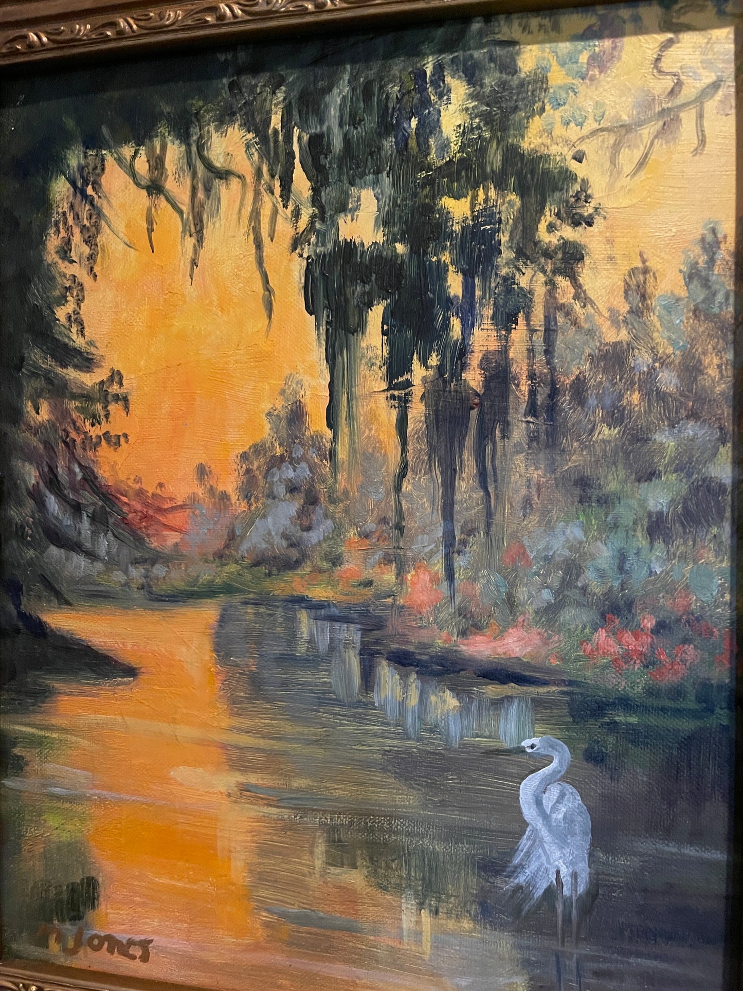 Vintage East Texas Bayou Landscape Painting – Cypress Trees at Sunset with Great Egret