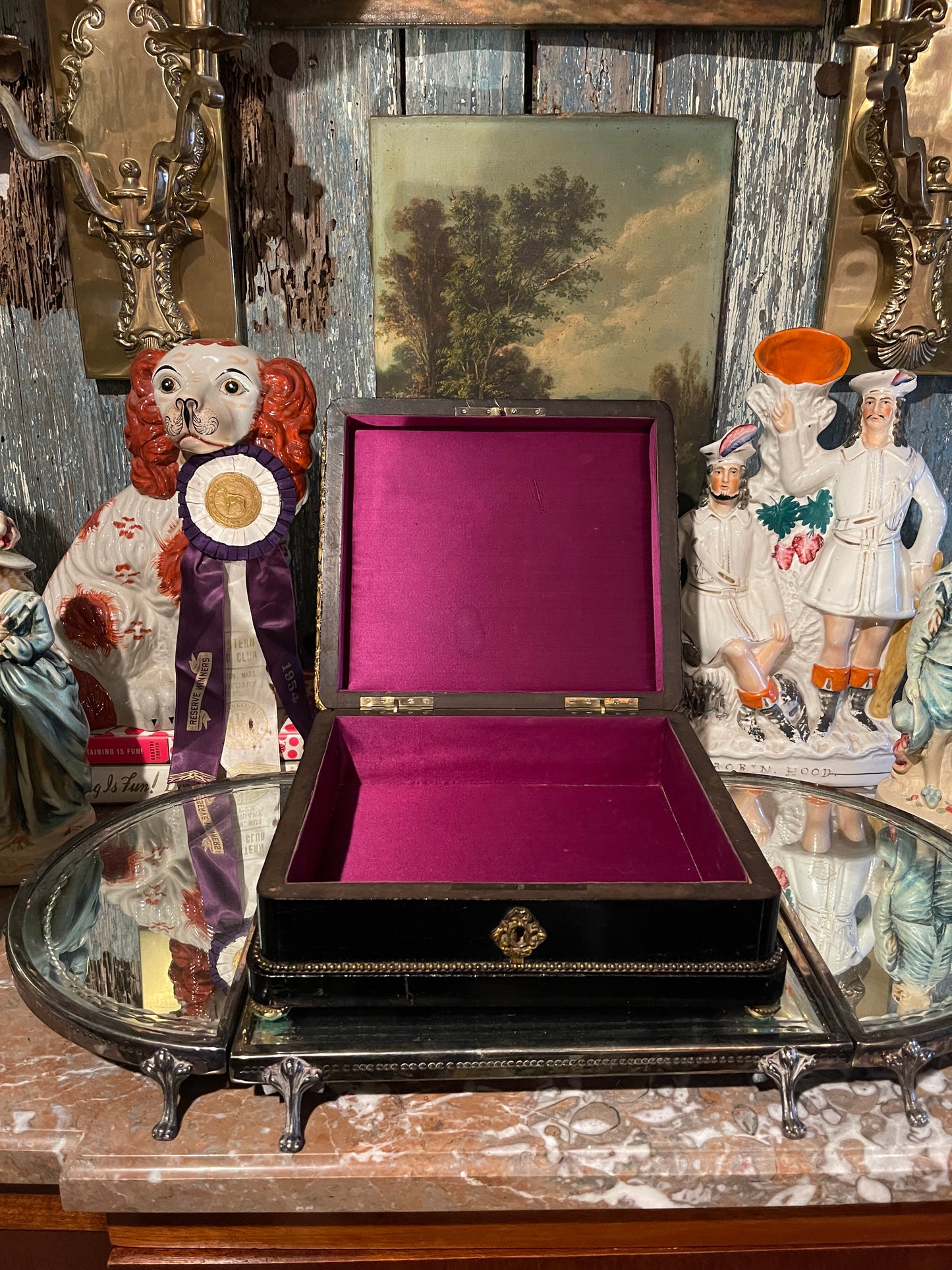 19th Century French Napoleon III Ebonized Mother-of-Pearl Inlaid Box with Hand-Painted Porcelain Plaque – Round Top Find