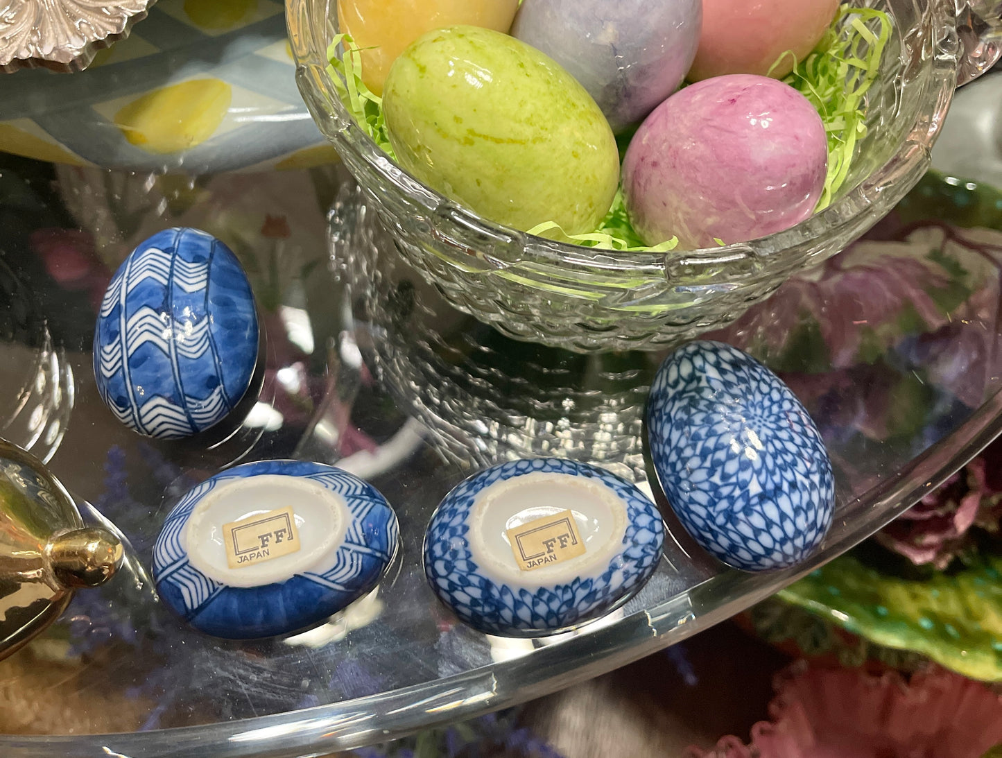 Fitz and Floyd Blue and White Egg Shaped Trinket Boxes, Vintage Pair, Made in Japan