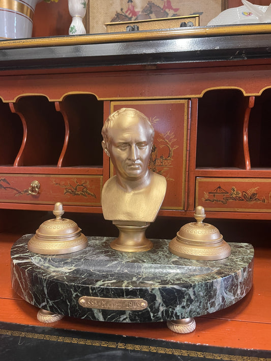 Antique Marble and Cast Metal Ink Well with Figural Roman Bust, FANTASTIC!