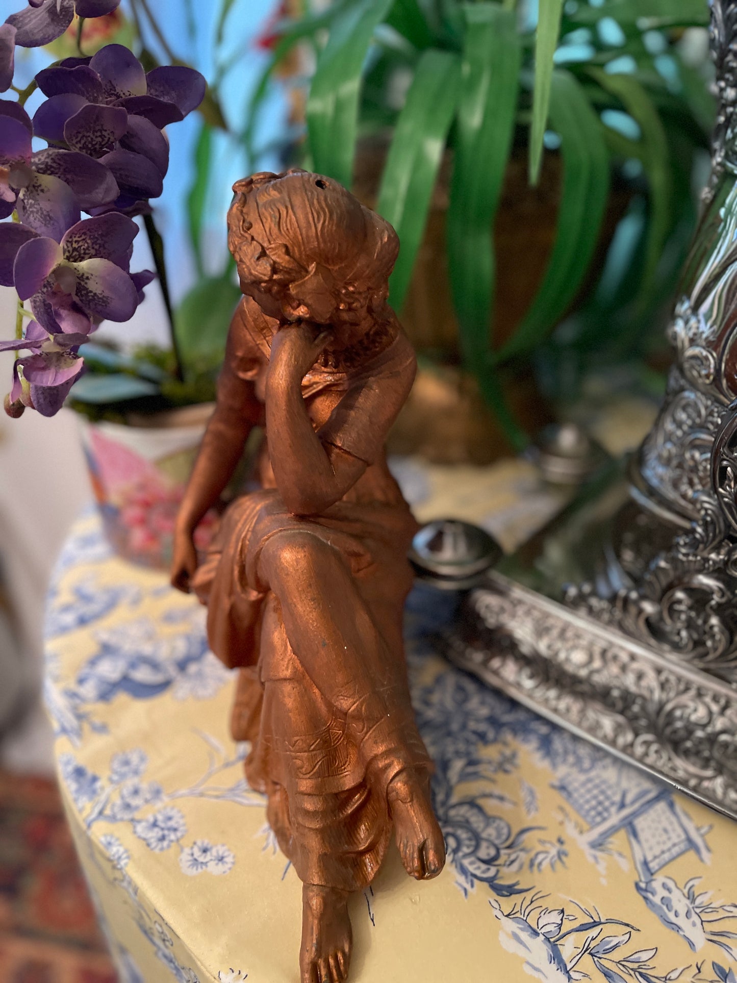 Antique Metal Erato, the Greek Muse of Love Clock Topper, Neoclassical Decor