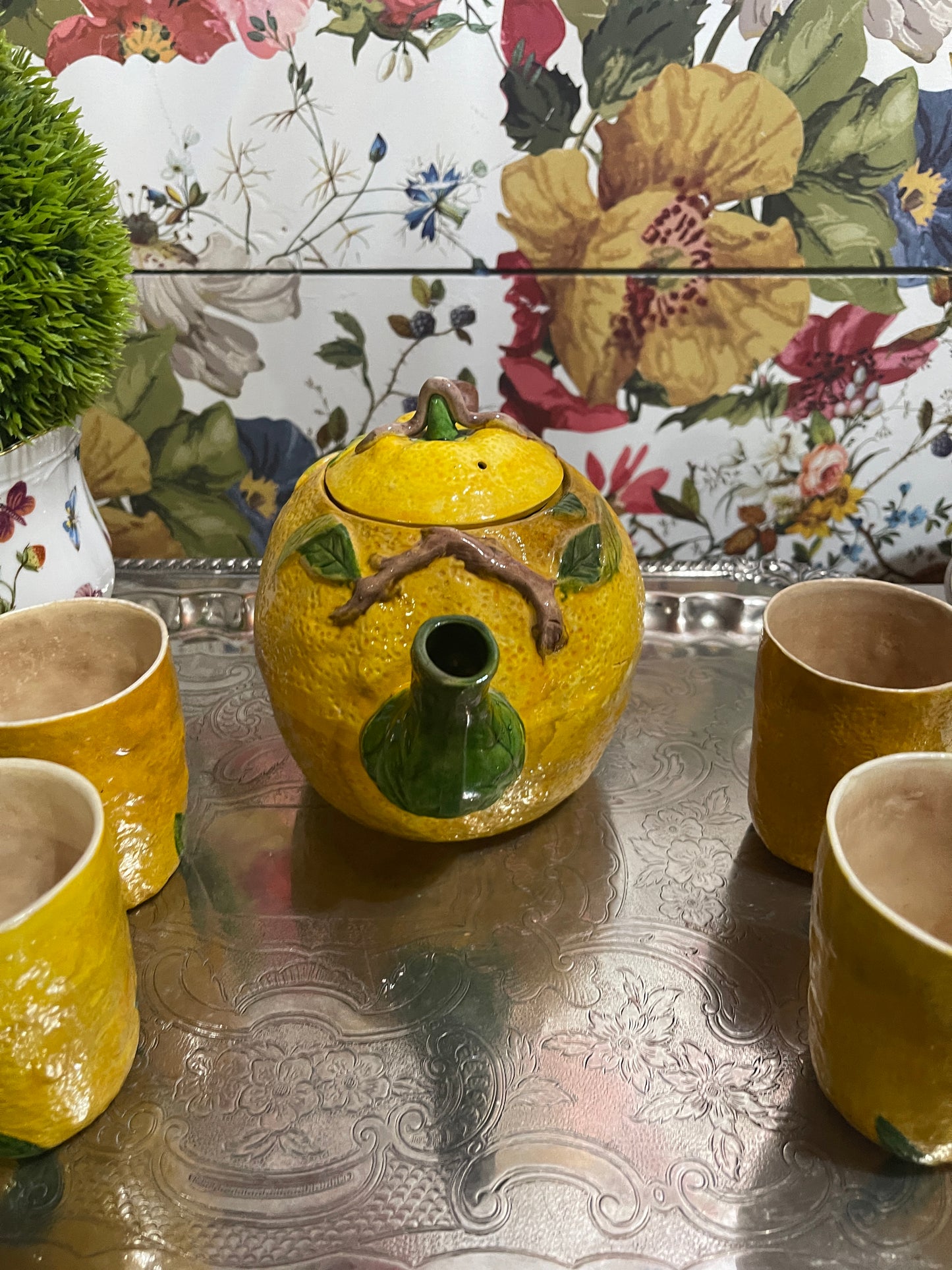 Vintage Majolica Lemon Tea Set, Made in Japan, Garden Party Chic