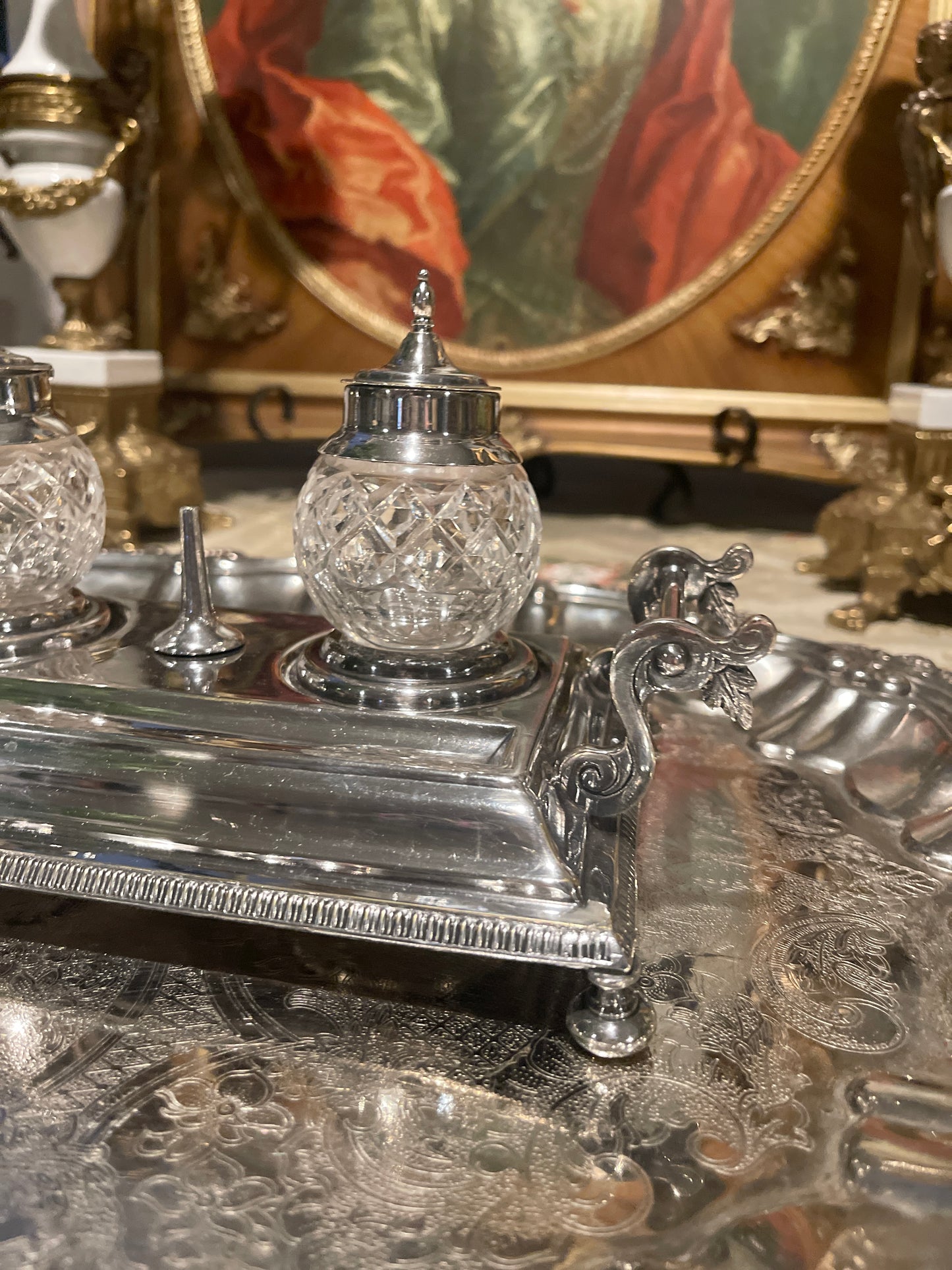 Classic Silver Plate and Cut Crystal Ink Well, Estate Decor