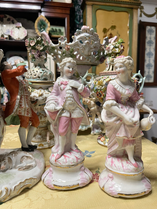 Vintage German Porcelain Figurines | Romantic Rococo Courting Couple in Pink | Estate Decor