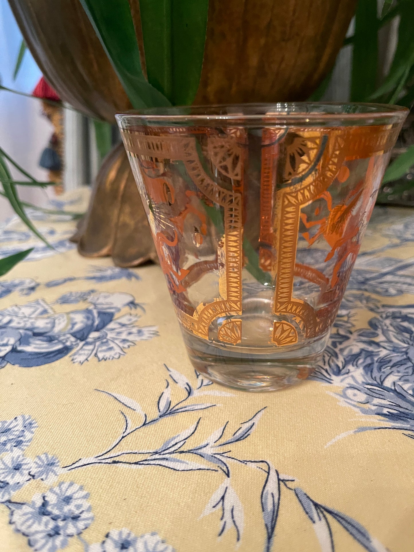 Vintage Fred Press Orange and 22kt Gold Trojan Horse Lowball Glasses, Set of Four